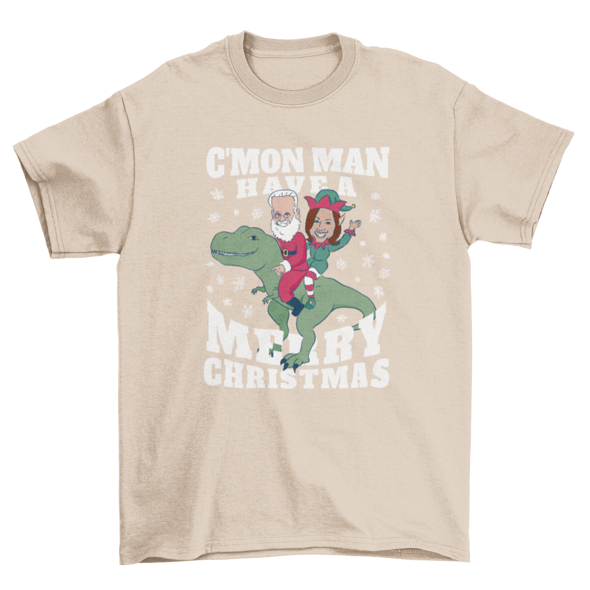 Funny Biden and Kamala Christmas T-Rex T-Shirt featuring a colorful design of Biden and Kamala riding a T-Rex with a festive quote.