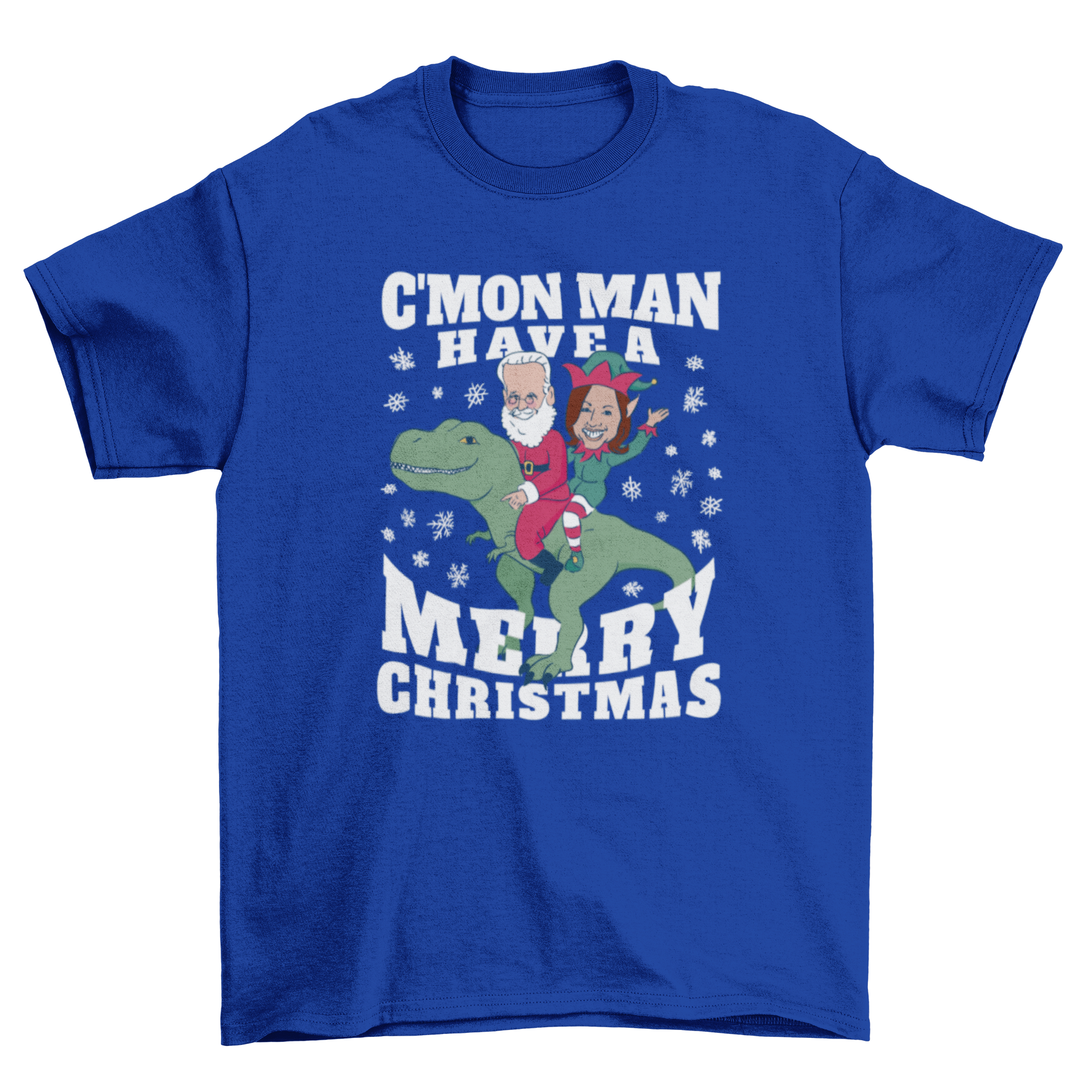 Funny Biden and Kamala Christmas T-Rex T-Shirt featuring a colorful design of Biden and Kamala riding a T-Rex with a festive quote.