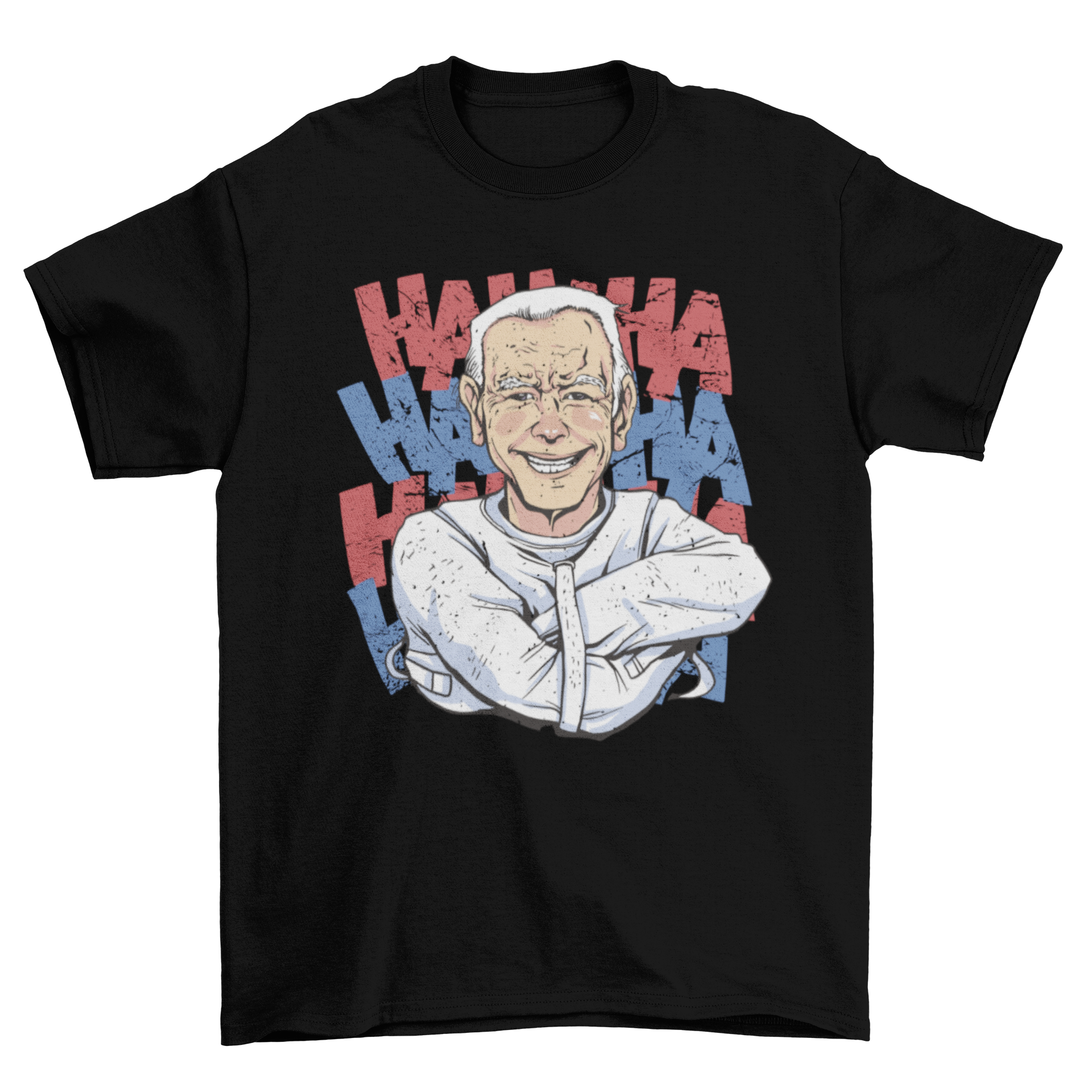 Funny Biden t-shirt featuring the president in a straight jacket laughing, showcasing a humorous political design.