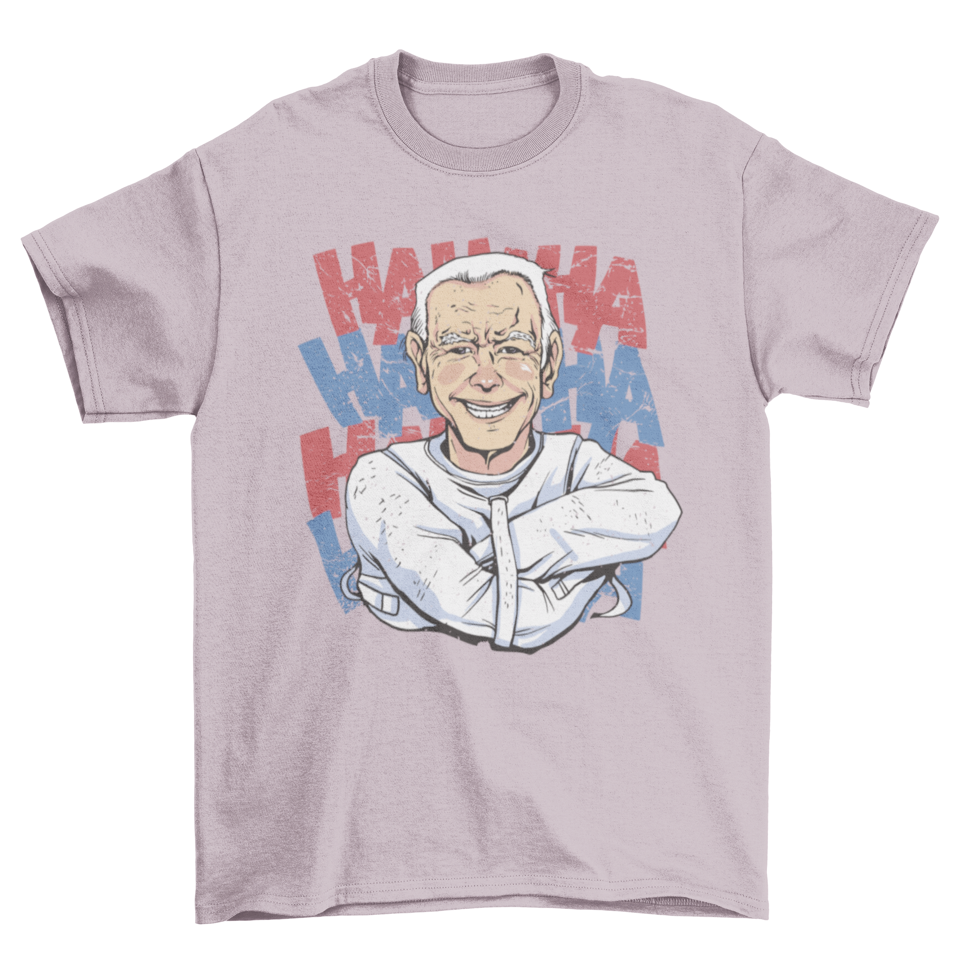 Funny Biden t-shirt featuring the president in a straight jacket laughing, showcasing a humorous political design.