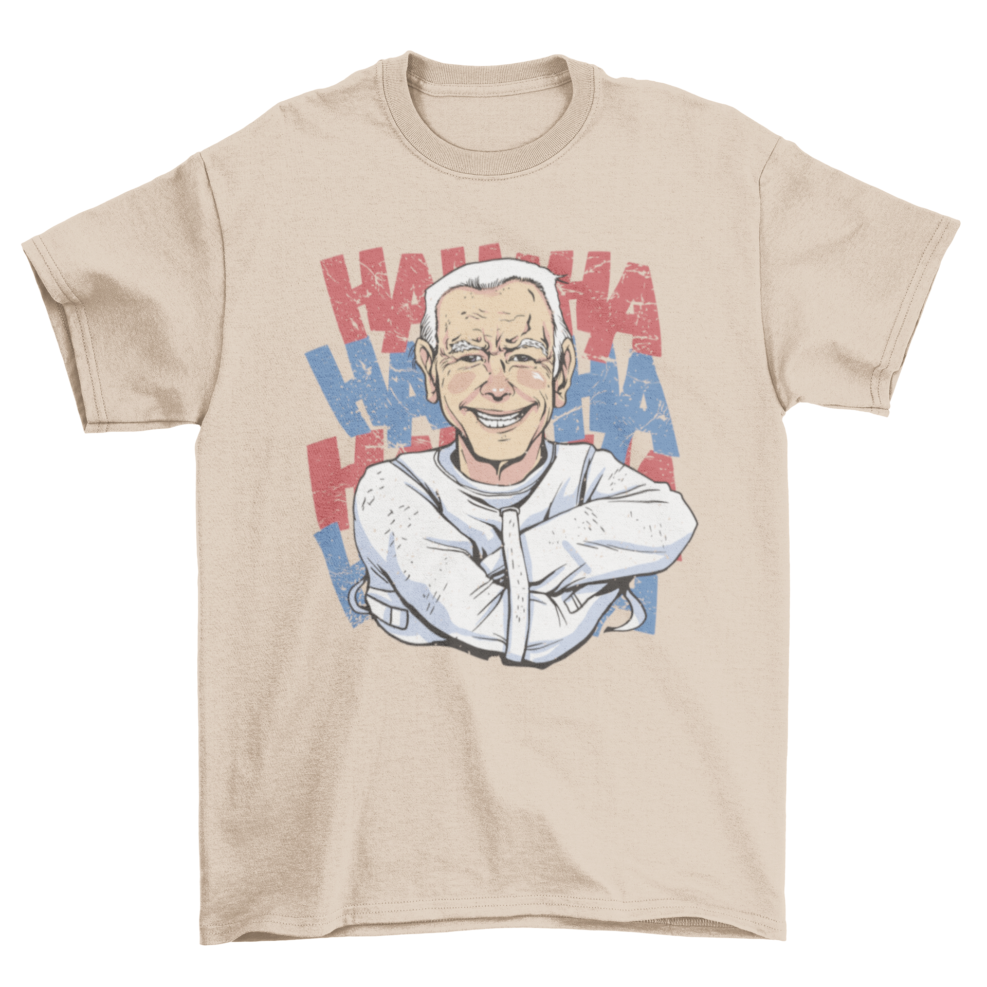 Funny Biden t-shirt featuring the president in a straight jacket laughing, showcasing a humorous political design.