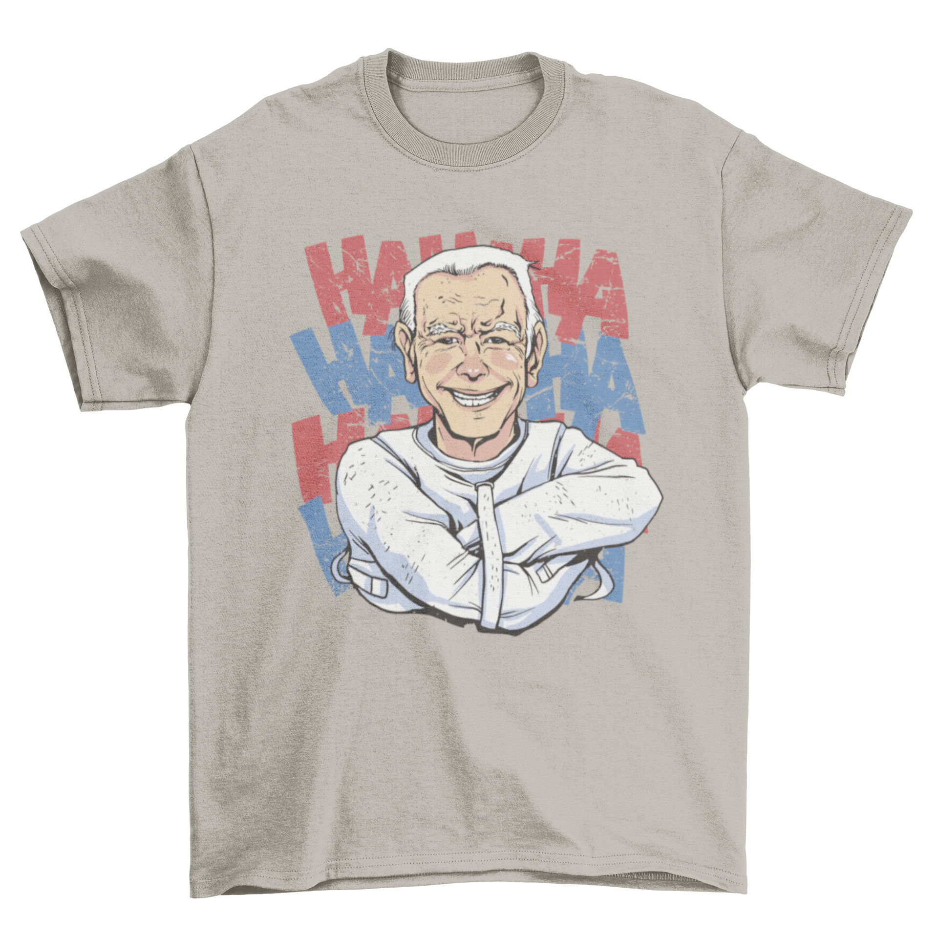 Funny Biden t-shirt featuring the president in a straight jacket laughing, showcasing a humorous political design.