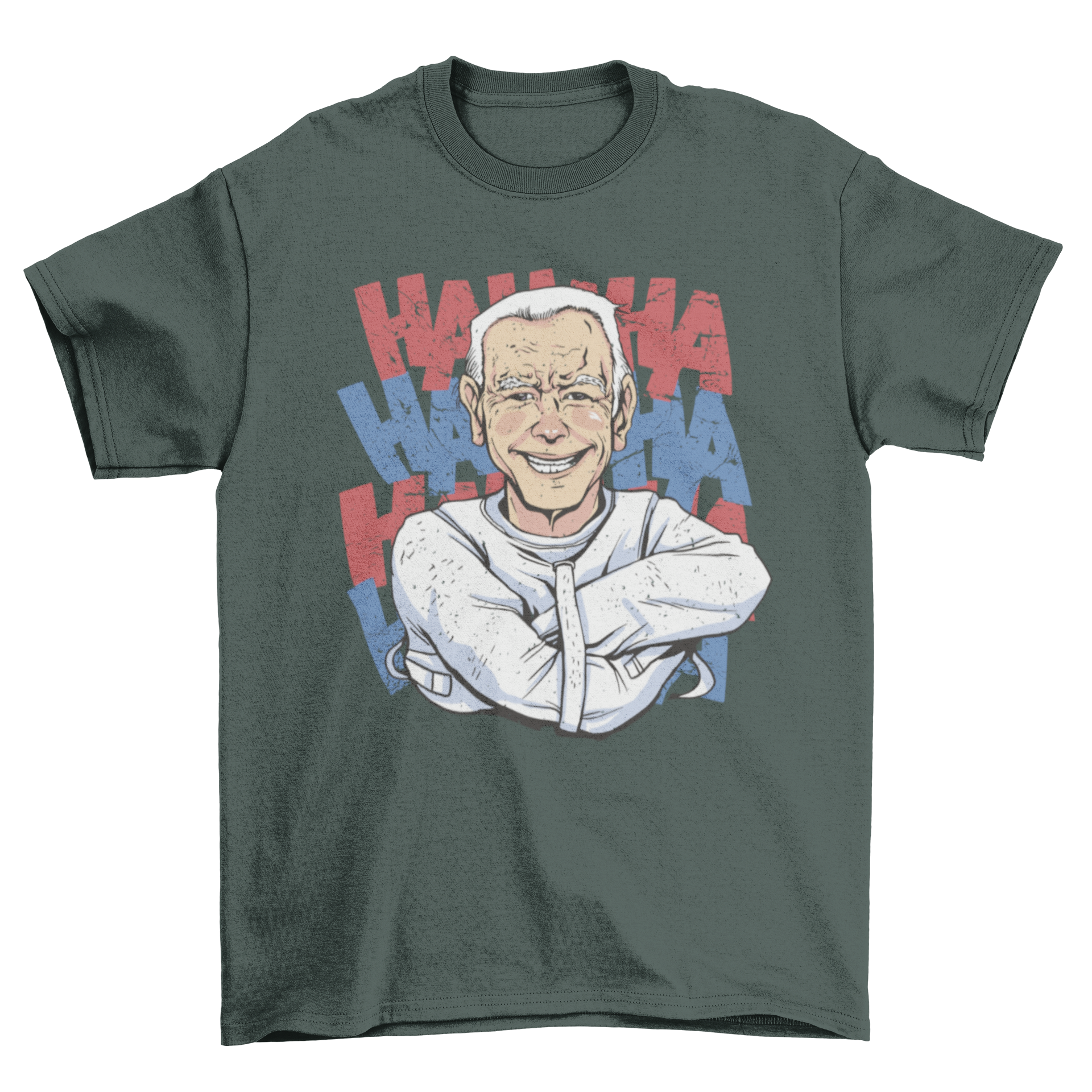 Funny Biden t-shirt featuring the president in a straight jacket laughing, showcasing a humorous political design.