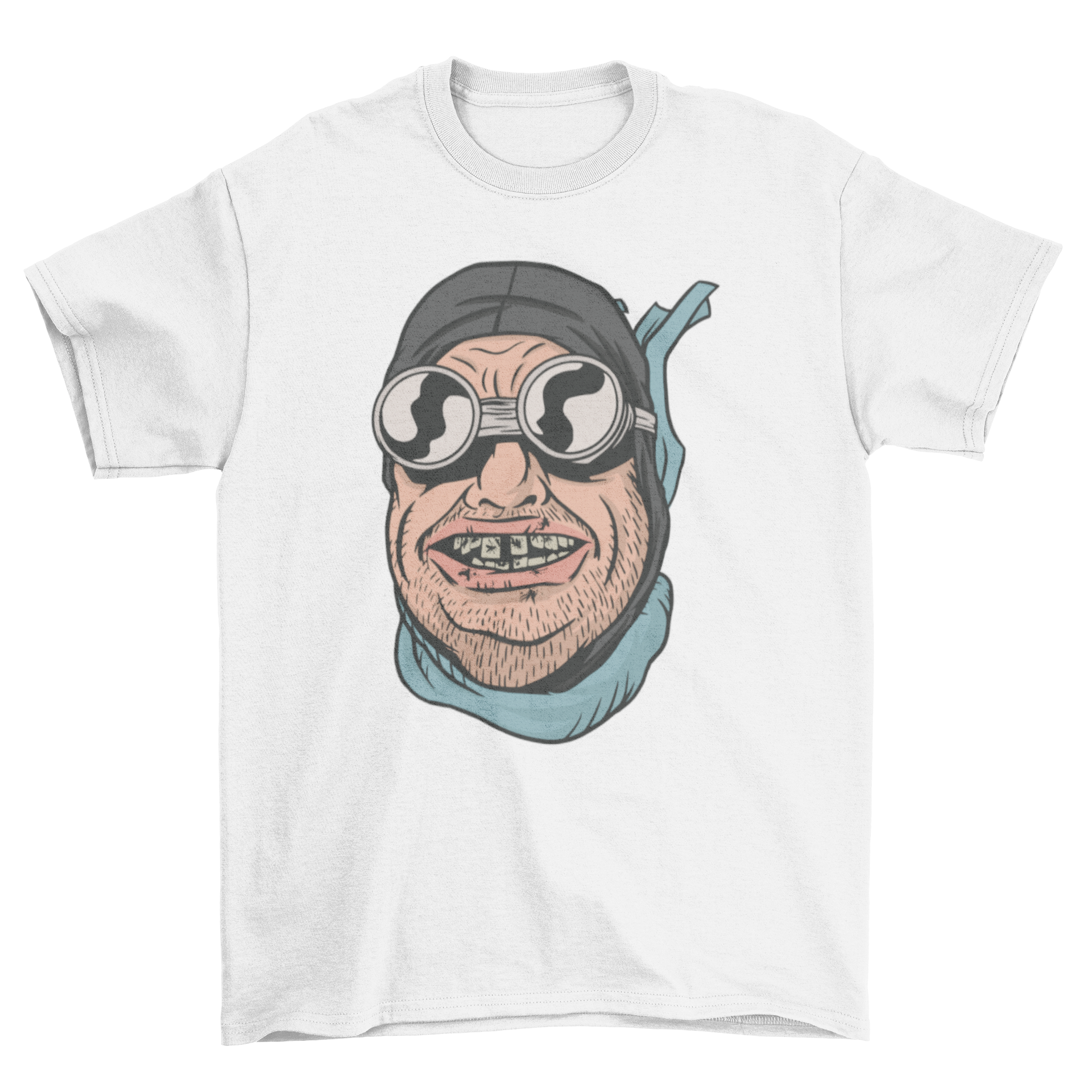 Funny Biker Teeth T-shirt featuring a humorous biker face with bugs in his teeth, perfect for motorcycle enthusiasts.