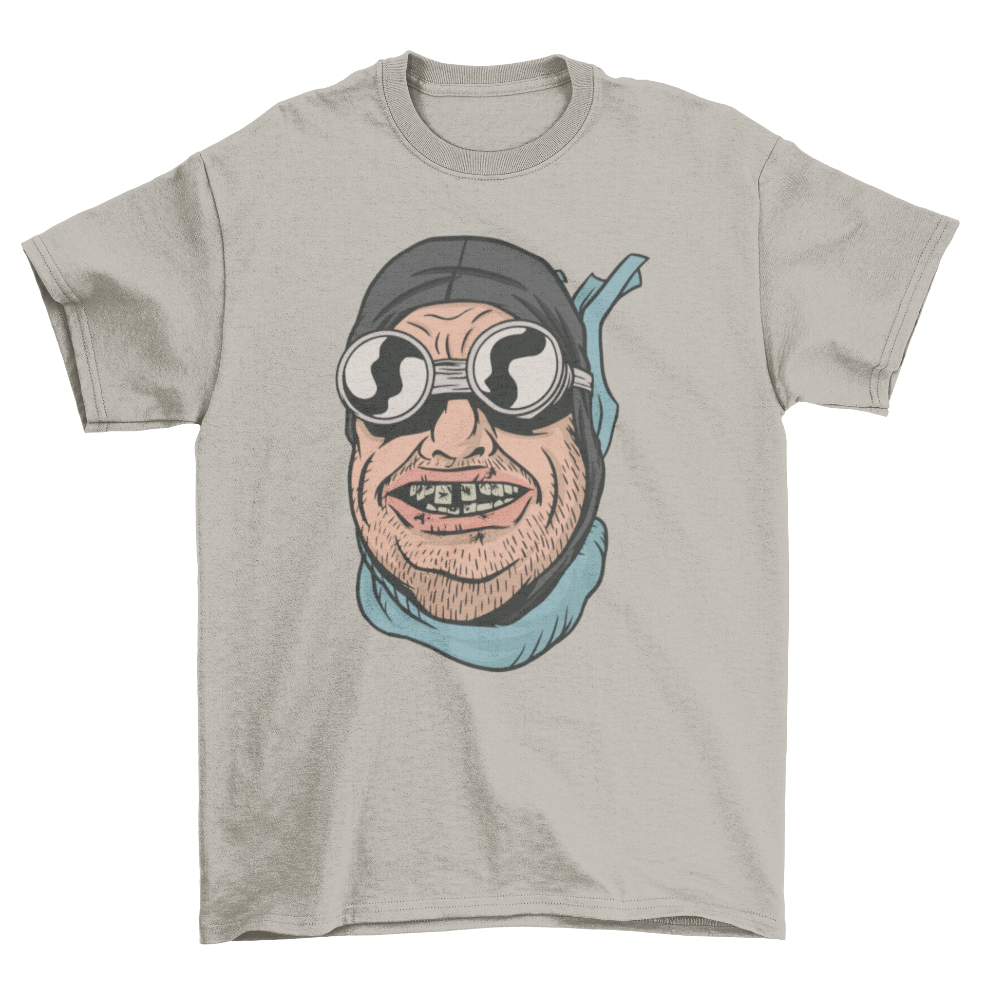 Funny Biker Teeth T-shirt featuring a humorous biker face with bugs in his teeth, perfect for motorcycle enthusiasts.