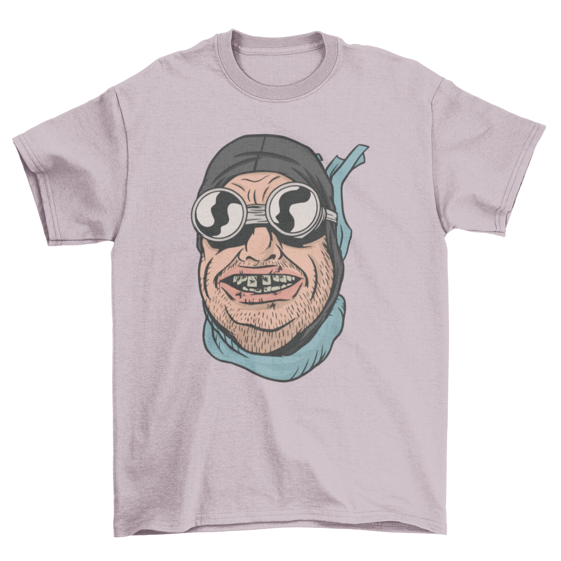 Funny Biker Teeth T-shirt featuring a humorous biker face with bugs in his teeth, perfect for motorcycle enthusiasts.