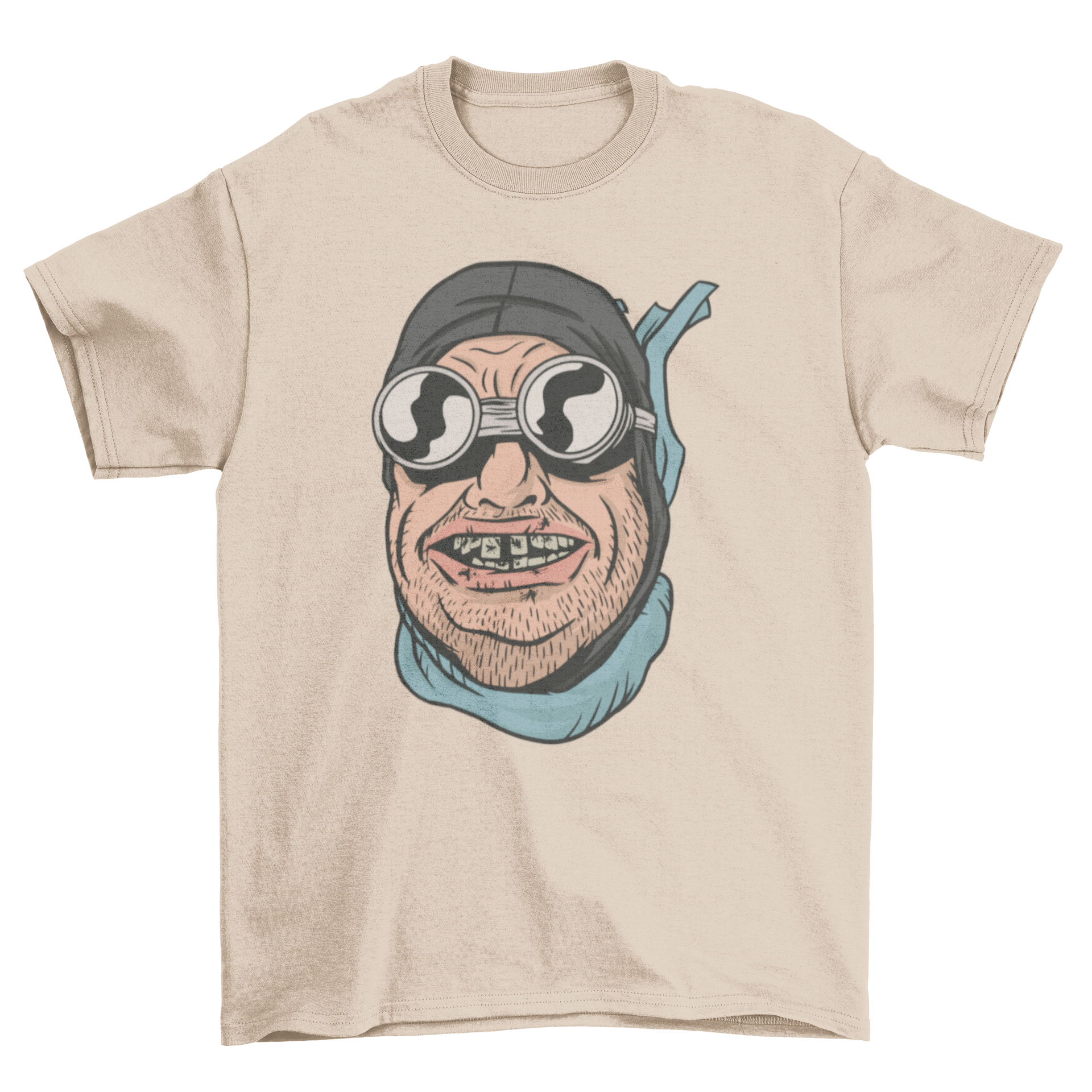 Funny Biker Teeth T-shirt featuring a humorous biker face with bugs in his teeth, perfect for motorcycle enthusiasts.