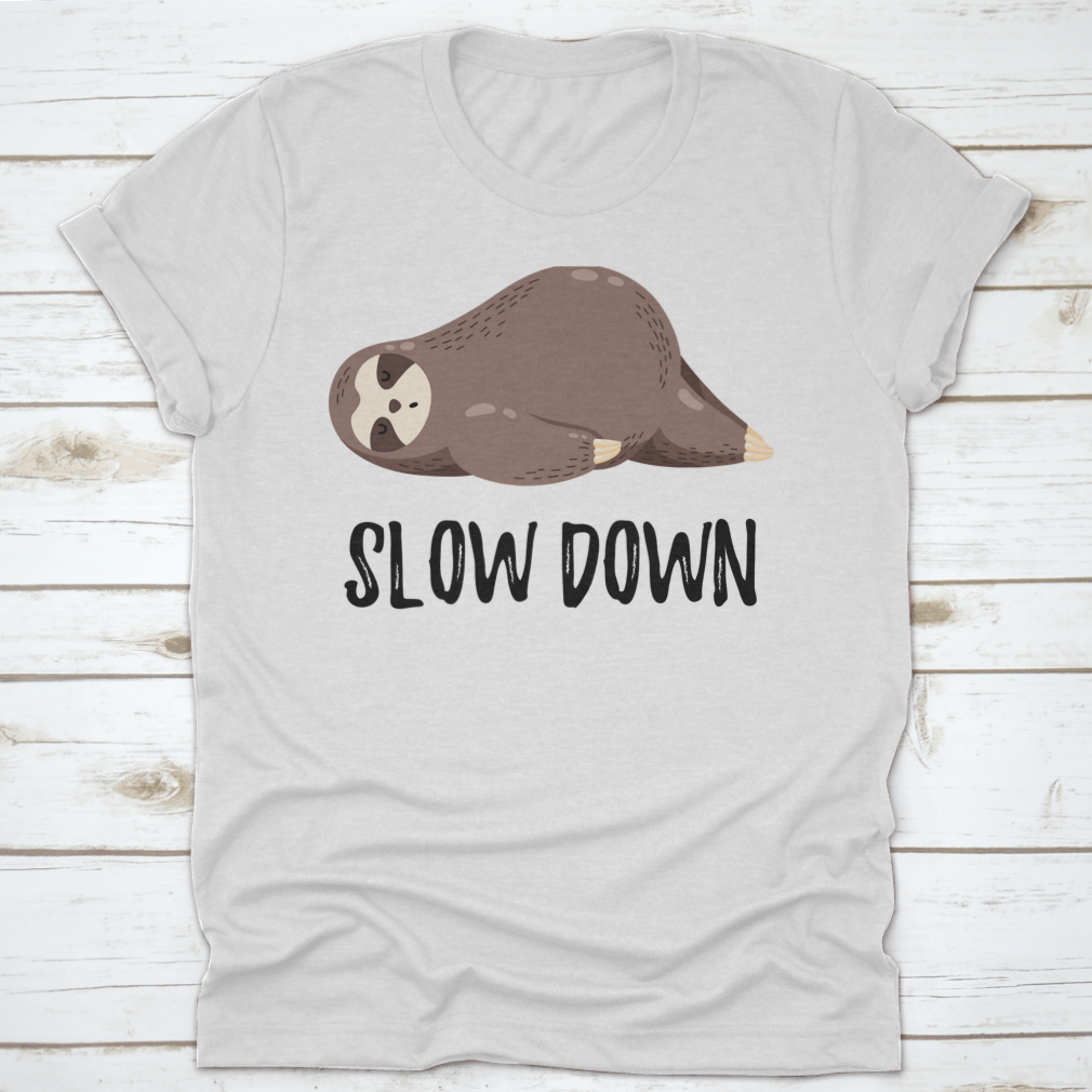 A cute vector illustration of a sloth lying down, featured on a comfortable cotton shirt, showcasing a humorous design.