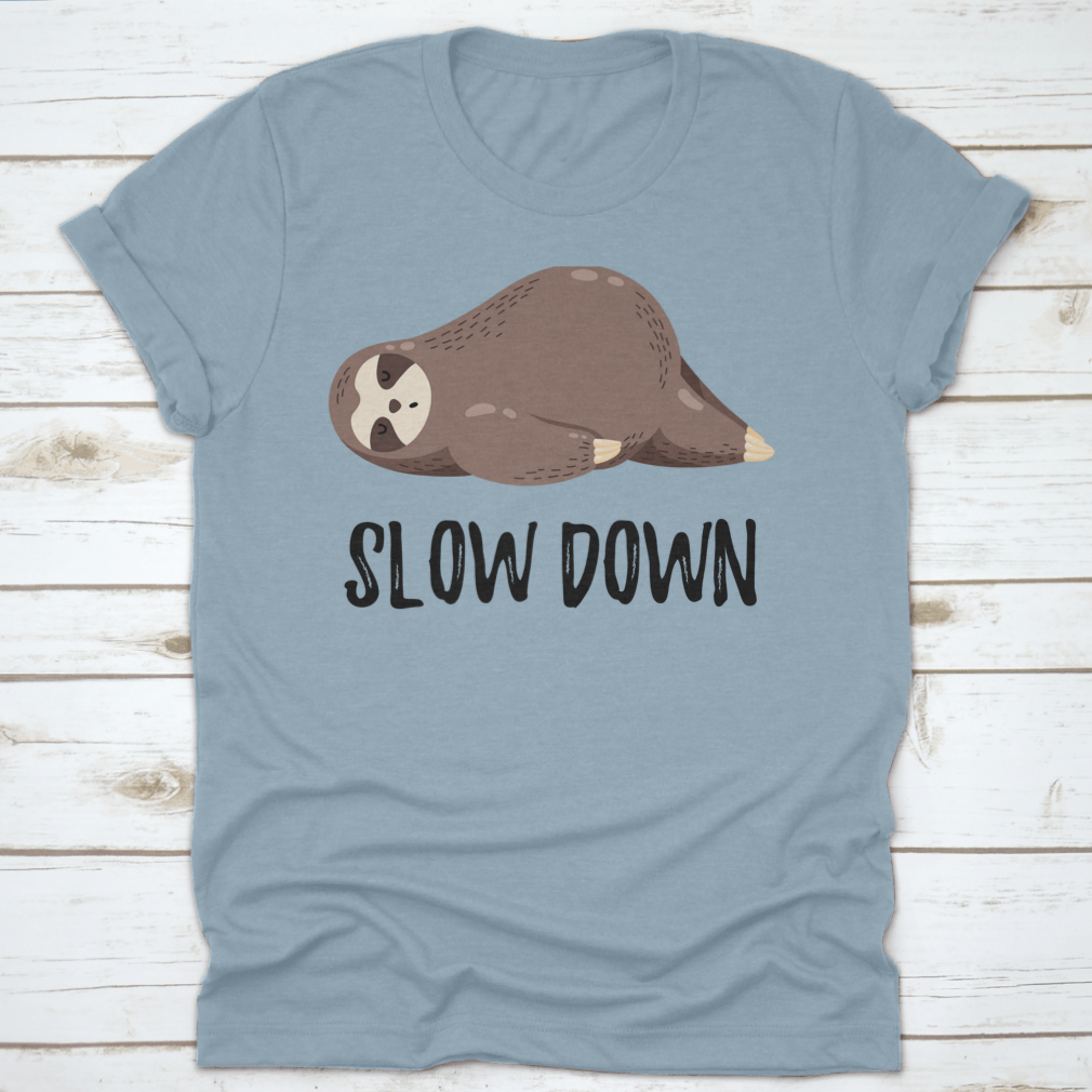 A cute vector illustration of a sloth lying down, featured on a comfortable cotton shirt, showcasing a humorous design.