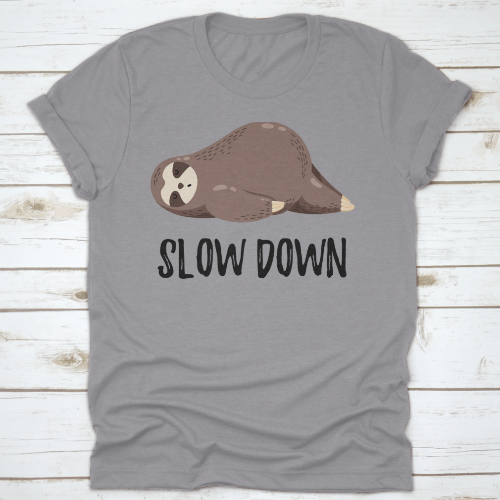 A cute vector illustration of a sloth lying down, featured on a comfortable cotton shirt, showcasing a humorous design.