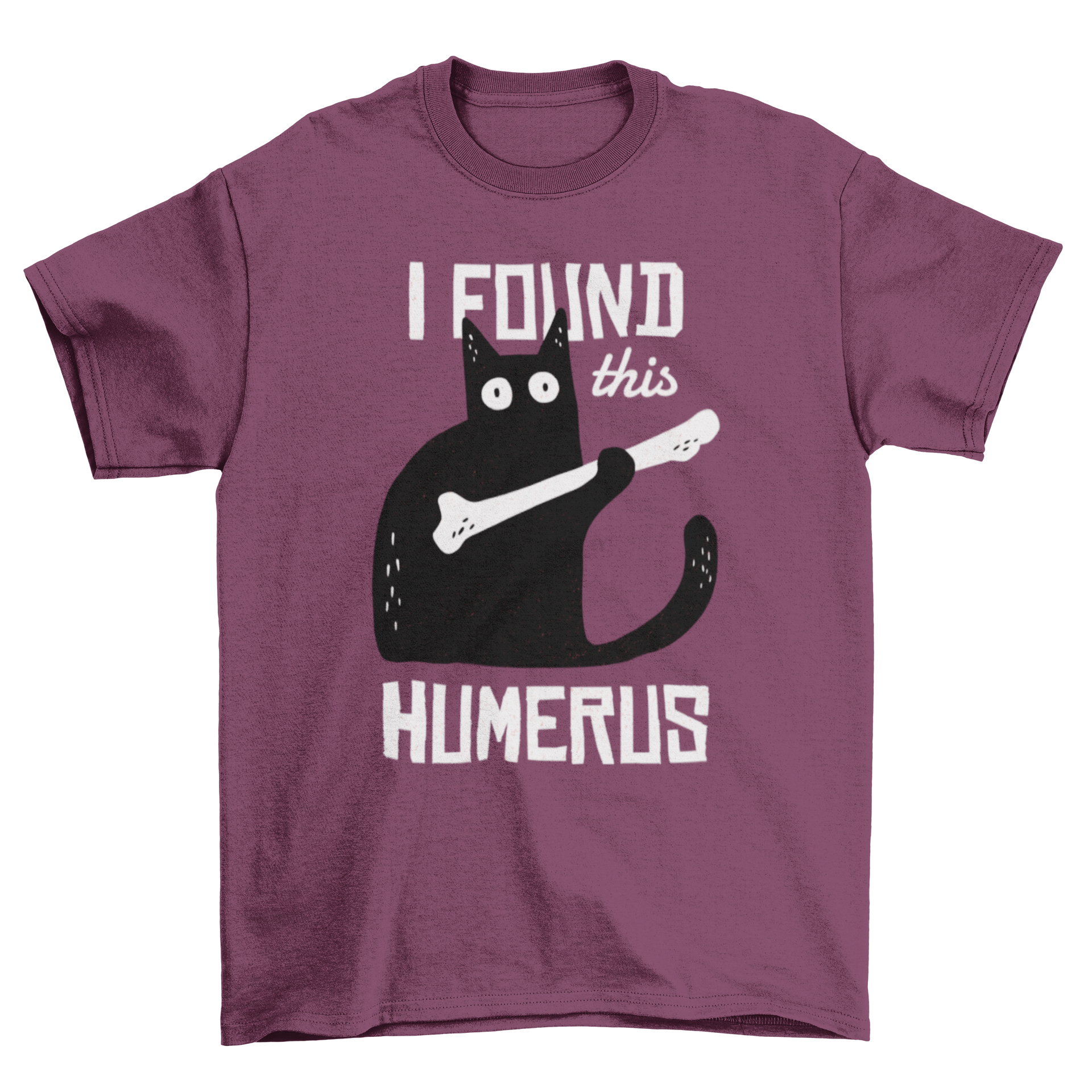 Funny Cat T-shirt featuring a cat silhouette holding a humerus bone with a humorous caption.