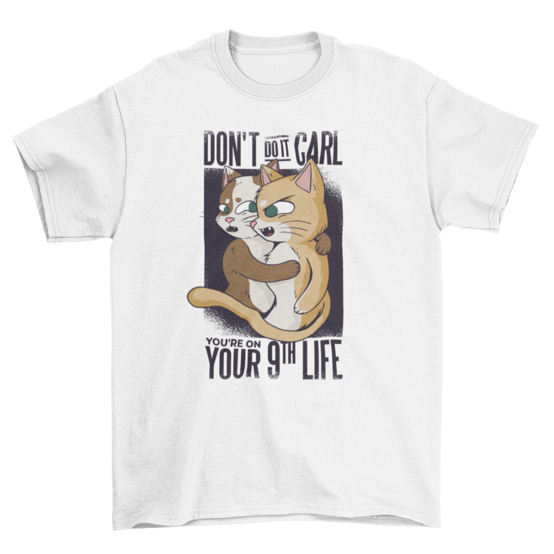 Funny Cats T-Shirt featuring a humorous design of a cat holding back another cat.