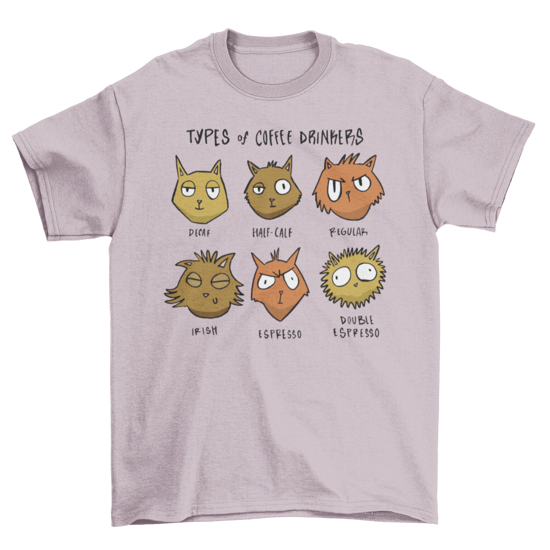 Funny t-shirt featuring various cats drinking coffee with the quote 'Types of Coffee Drinkers'.