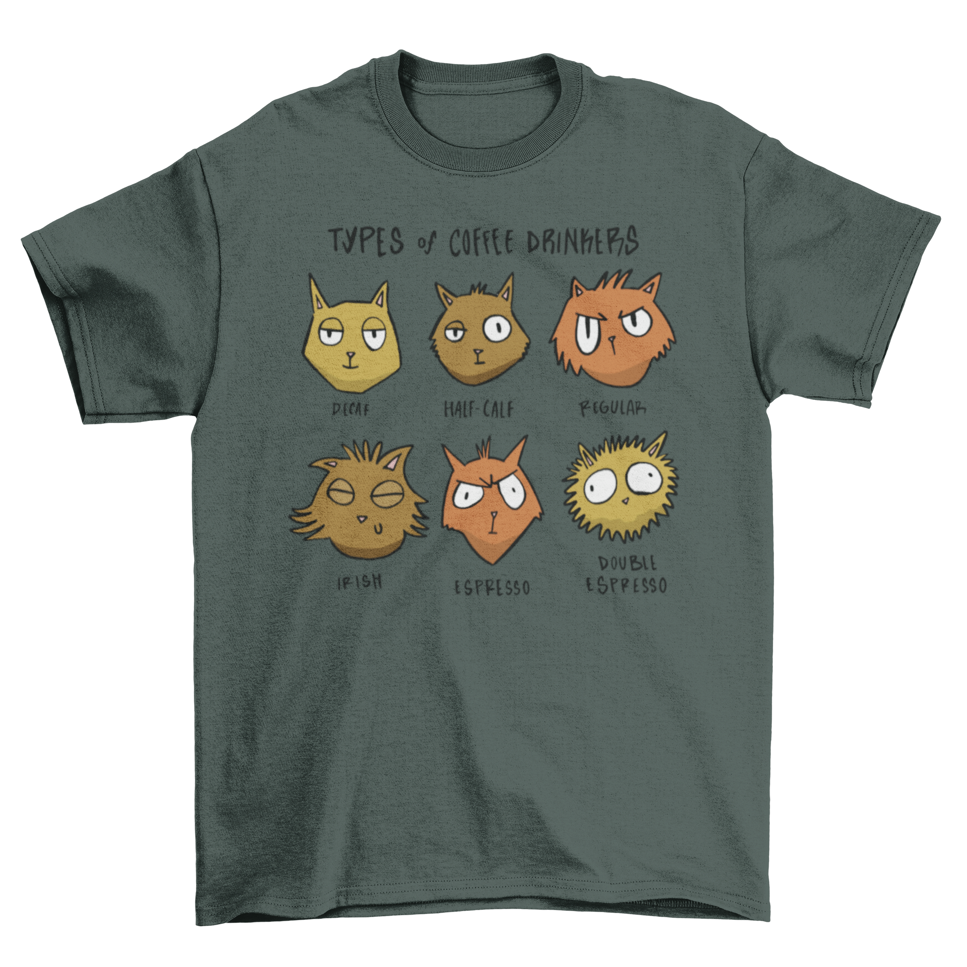 Funny t-shirt featuring various cats drinking coffee with the quote 'Types of Coffee Drinkers'.