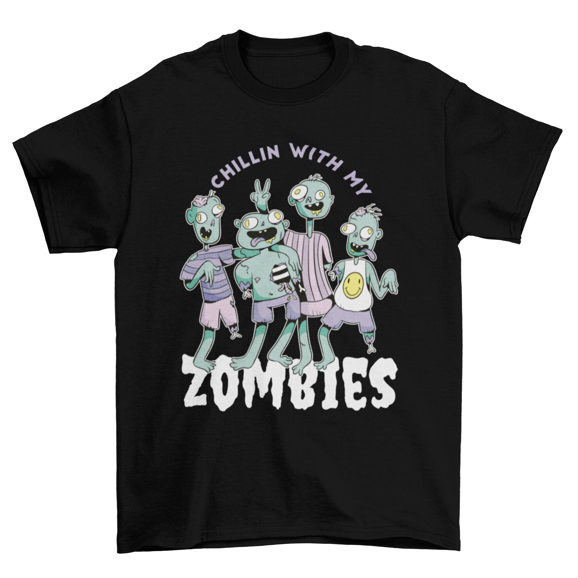 A humorous t-shirt featuring a group of cartoon zombies with the quote 'Chilling with my zombies'.