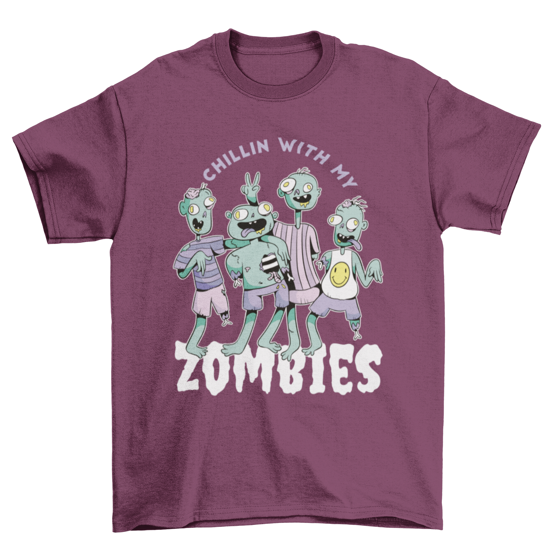 A humorous t-shirt featuring a group of cartoon zombies with the quote 'Chilling with my zombies'.