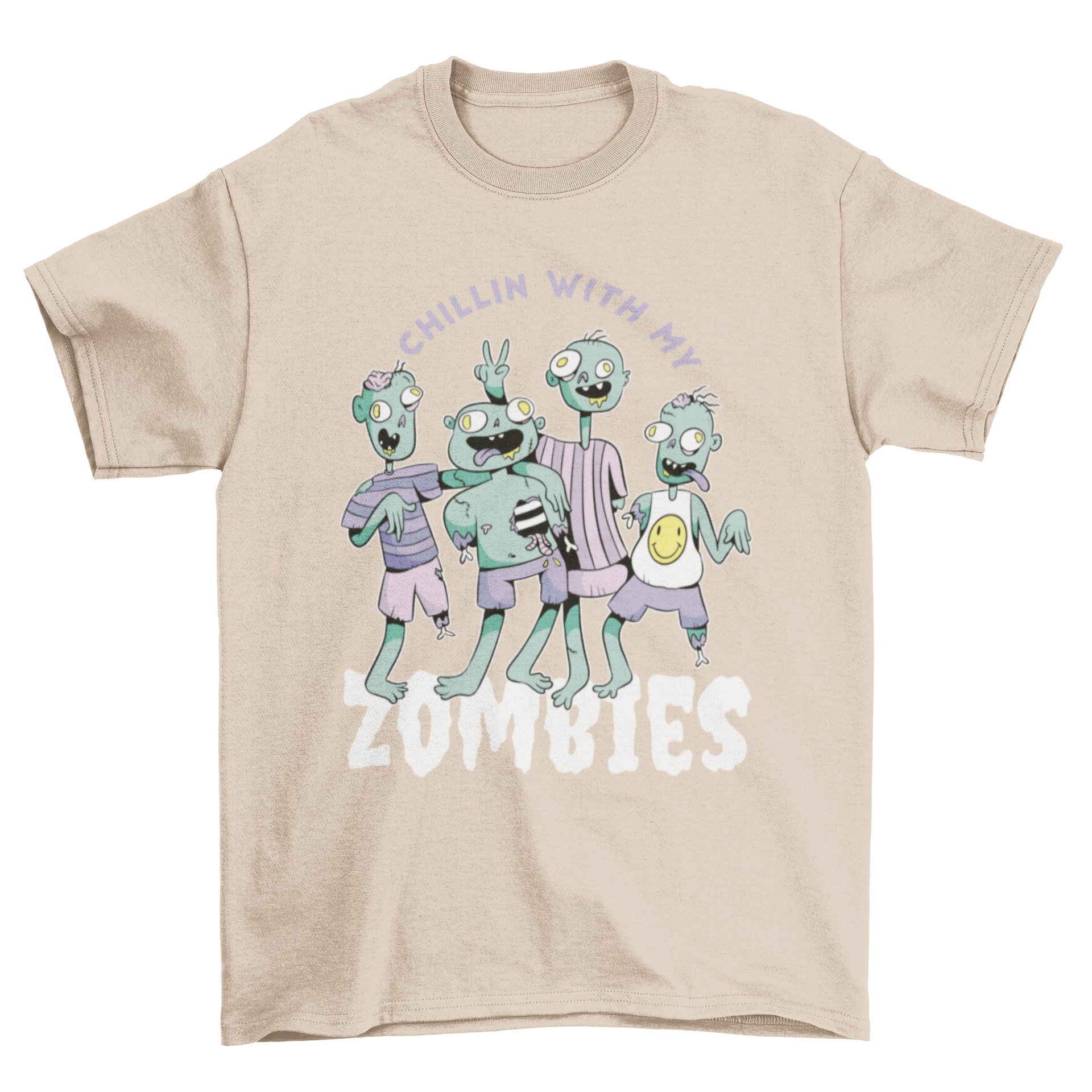 A humorous t-shirt featuring a group of cartoon zombies with the quote 'Chilling with my zombies'.