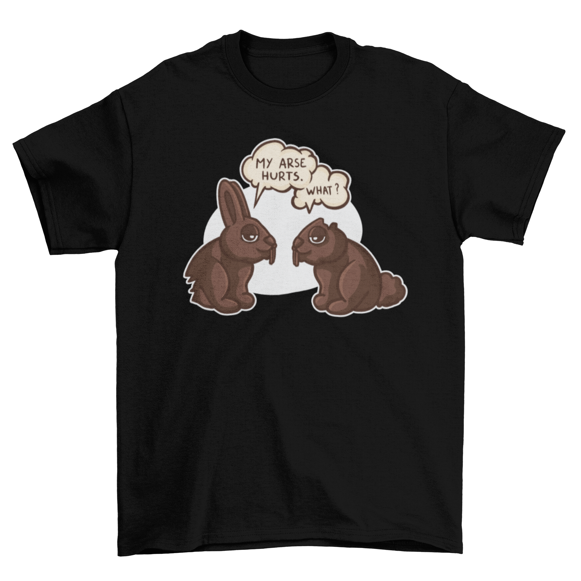 A humorous t-shirt featuring two chocolate rabbits playfully eating themselves and chatting, perfect for chocolate lovers.