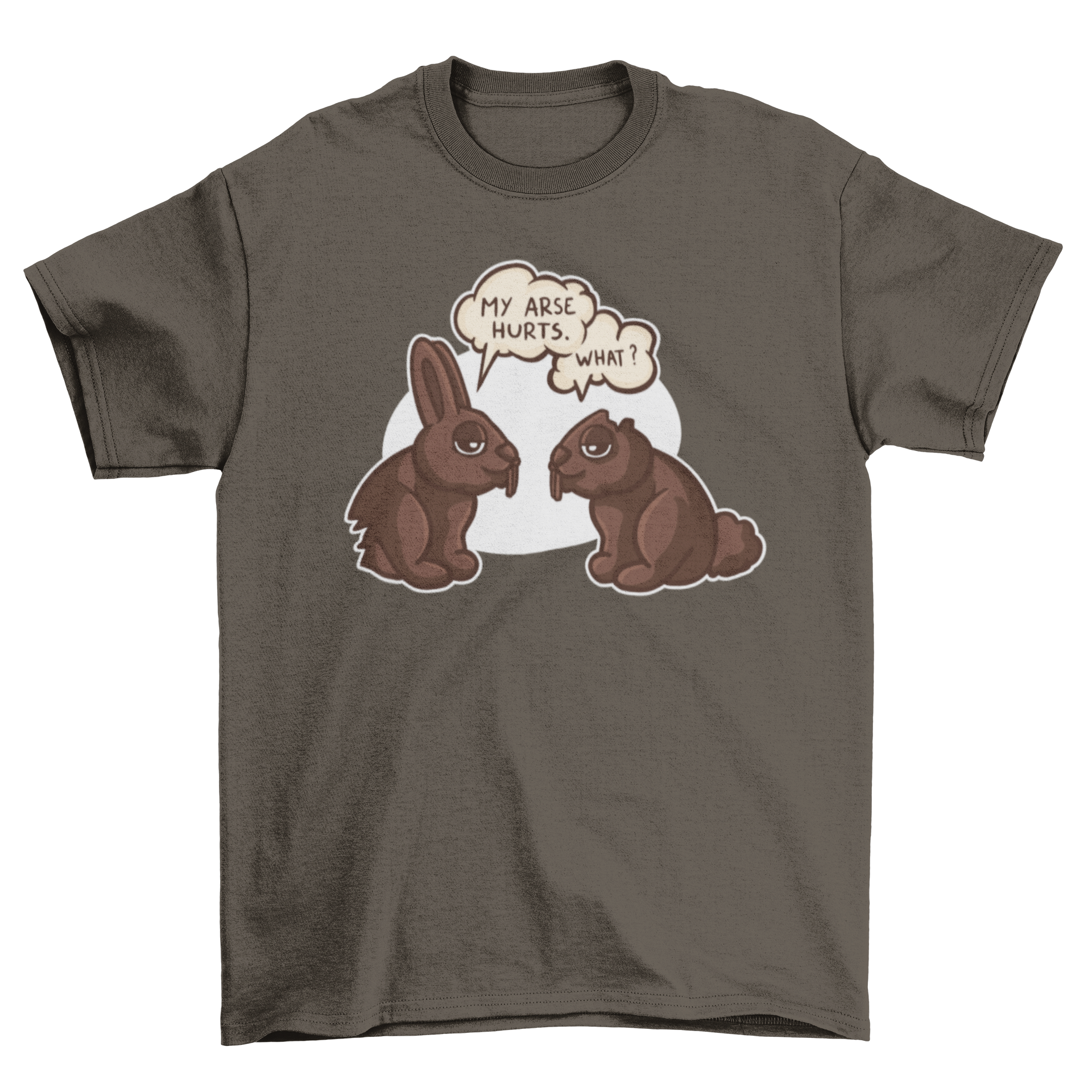 A humorous t-shirt featuring two chocolate rabbits playfully eating themselves and chatting, perfect for chocolate lovers.