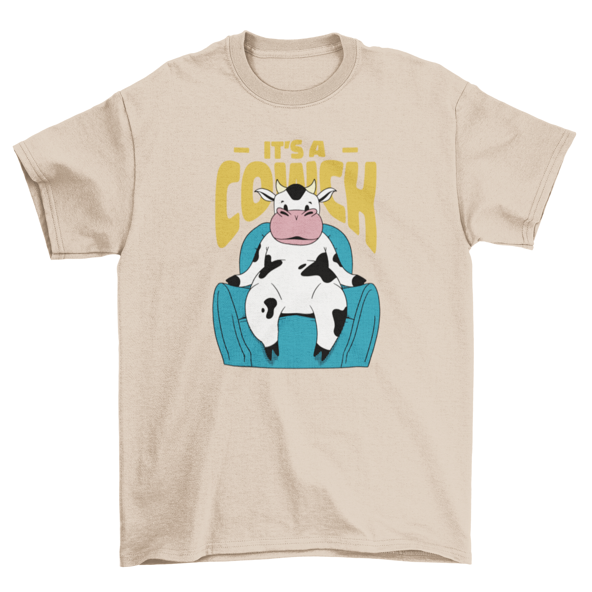 A humorous cartoon t-shirt featuring a cow sitting on a couch with the quote 'It's a cowch'.