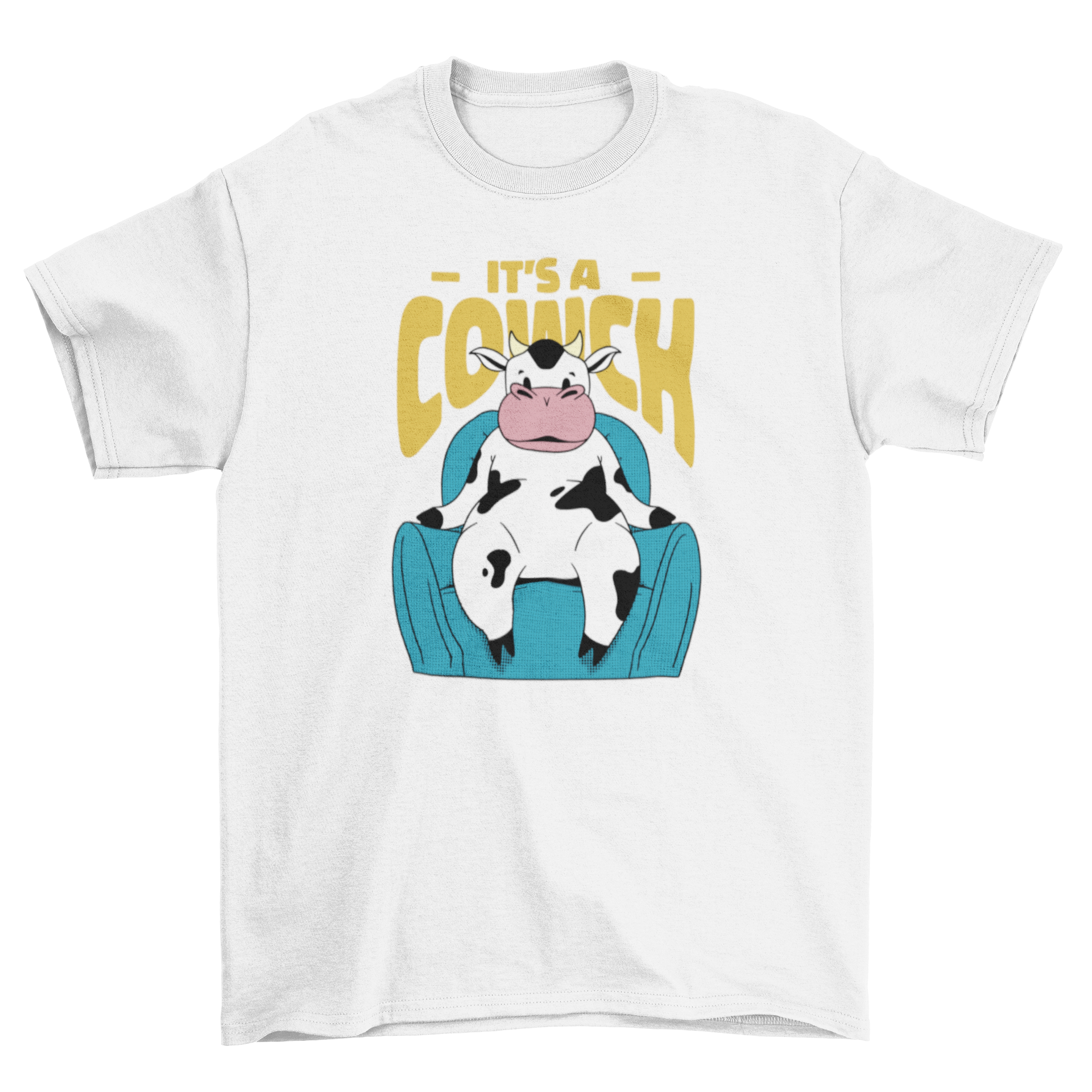 A humorous cartoon t-shirt featuring a cow sitting on a couch with the quote 'It's a cowch'.