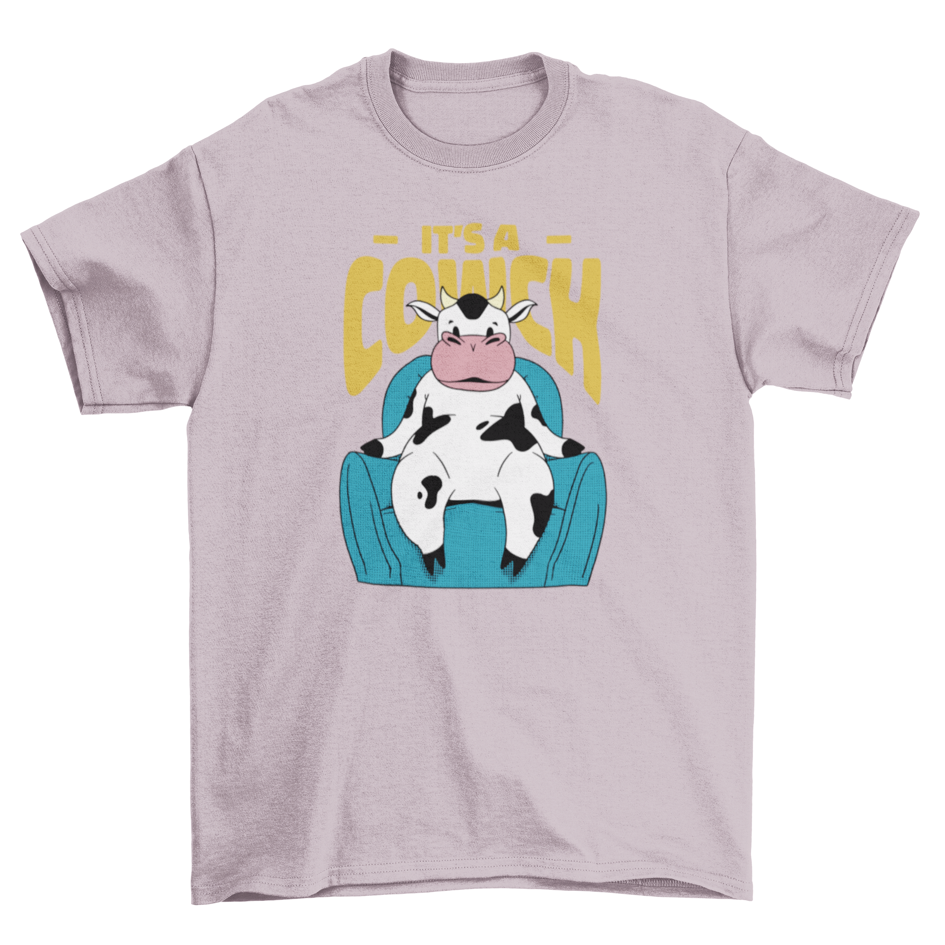 A humorous cartoon t-shirt featuring a cow sitting on a couch with the quote 'It's a cowch'.