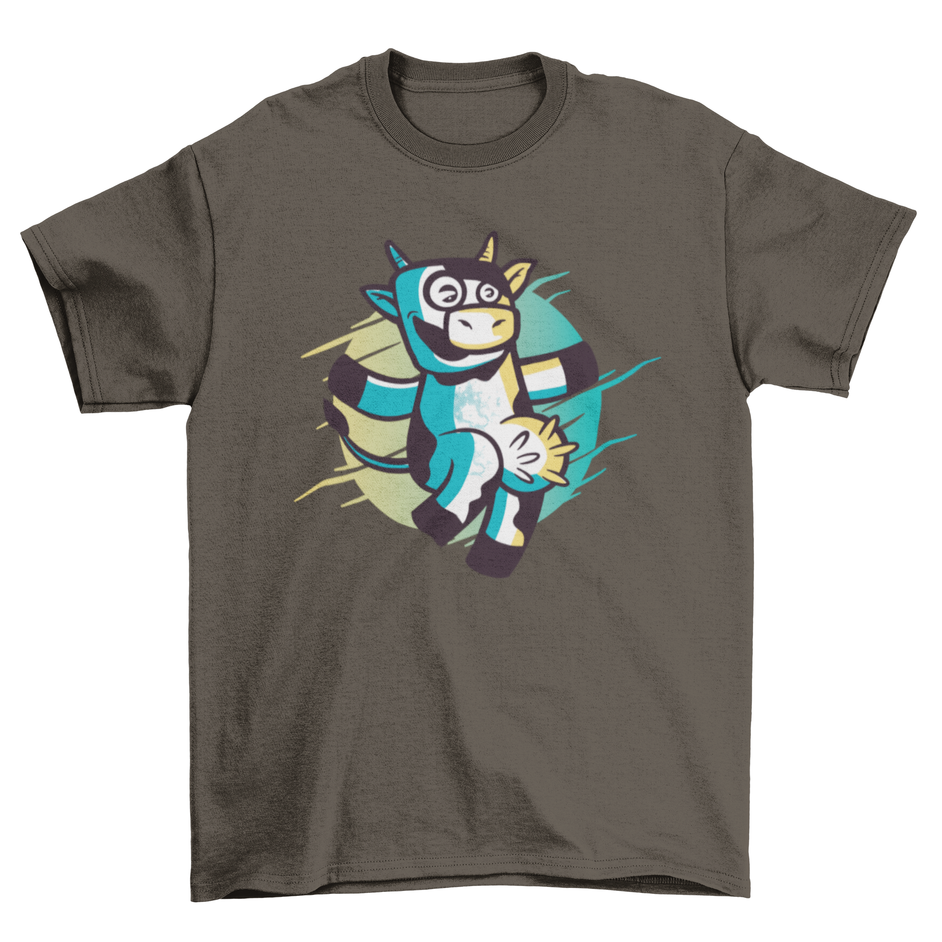 A humorous cartoon-style illustration of a cow on a soft t-shirt, perfect for casual wear.