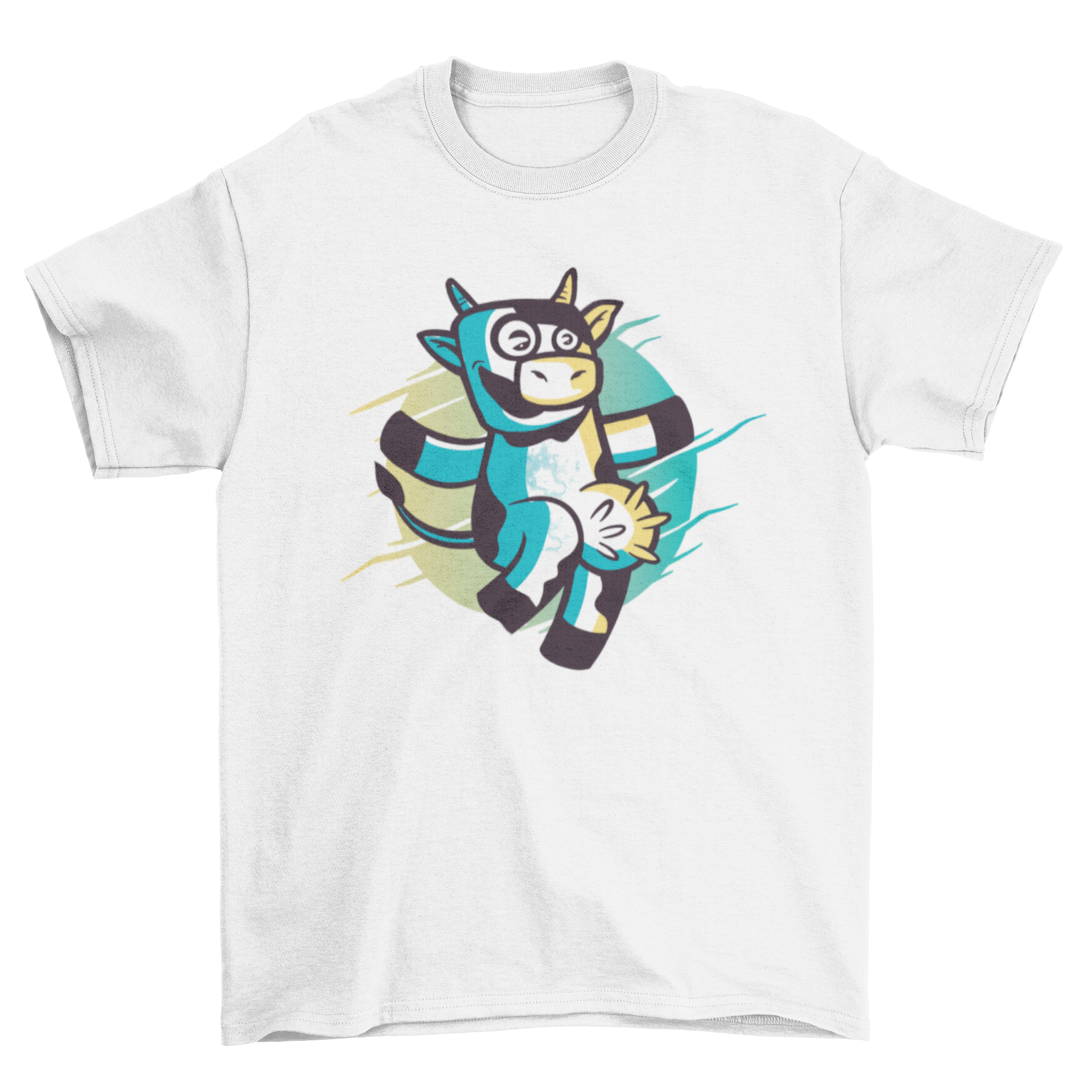 A humorous cartoon-style illustration of a cow on a soft t-shirt, perfect for casual wear.