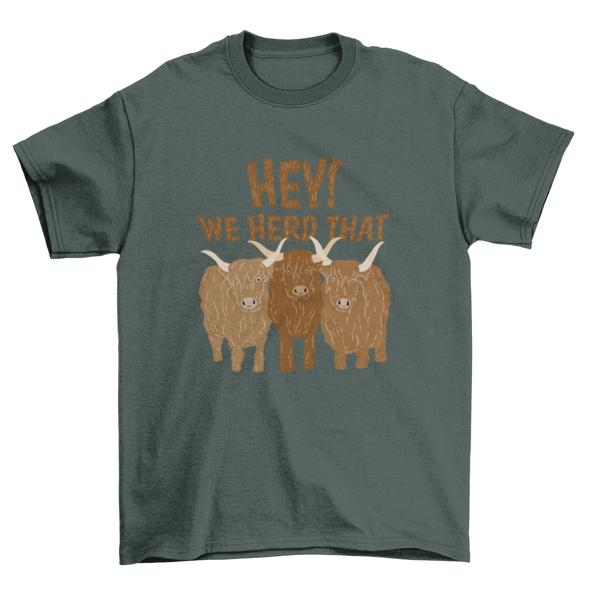 A humorous t-shirt featuring three playful cows and the quote 'Hey! we heard that'.