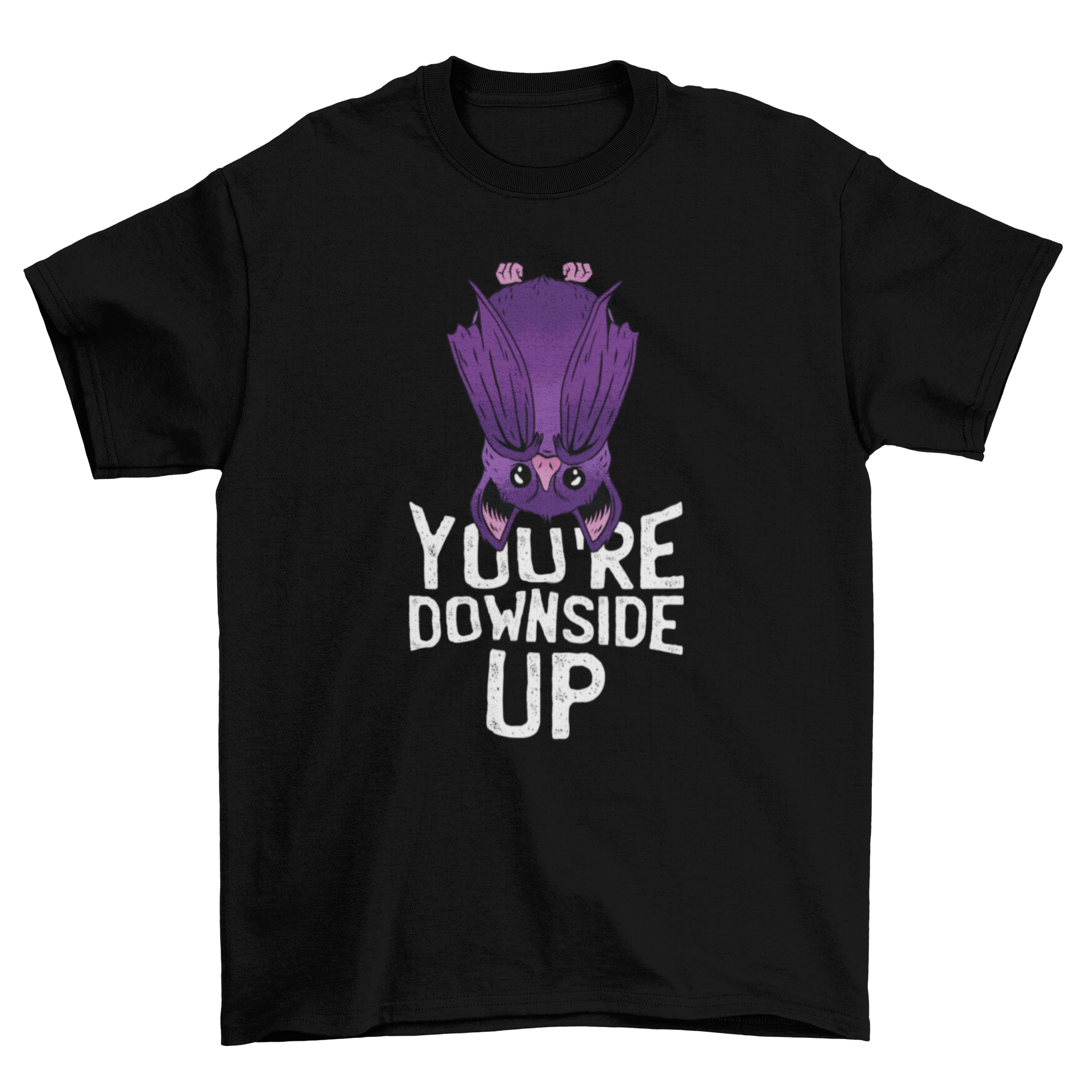 A cute purple bat hanging upside down with wings in front, featuring the quote 'You're Downside Up' below.