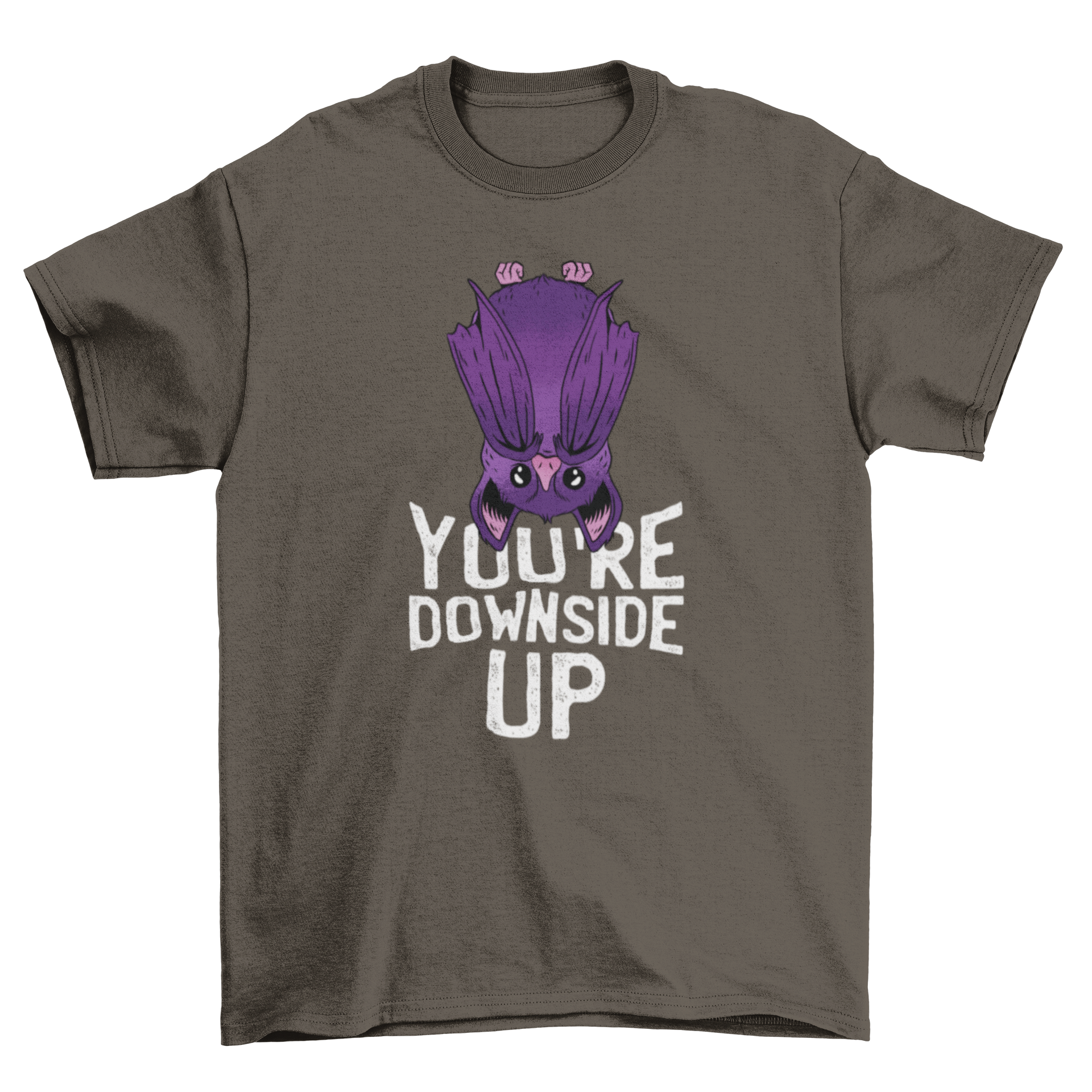 A cute purple bat hanging upside down with wings in front, featuring the quote 'You're Downside Up' below.