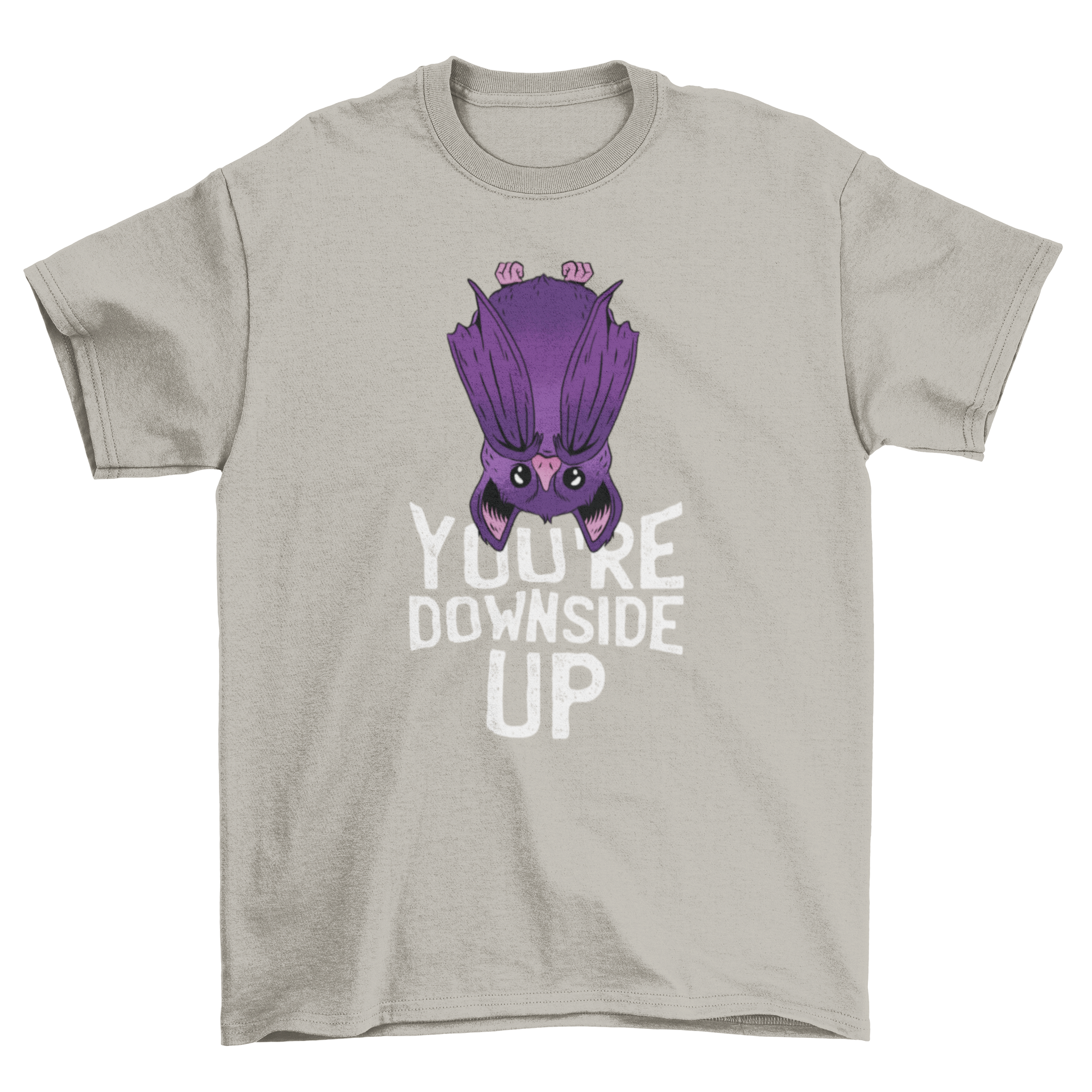 A cute purple bat hanging upside down with wings in front, featuring the quote 'You're Downside Up' below.