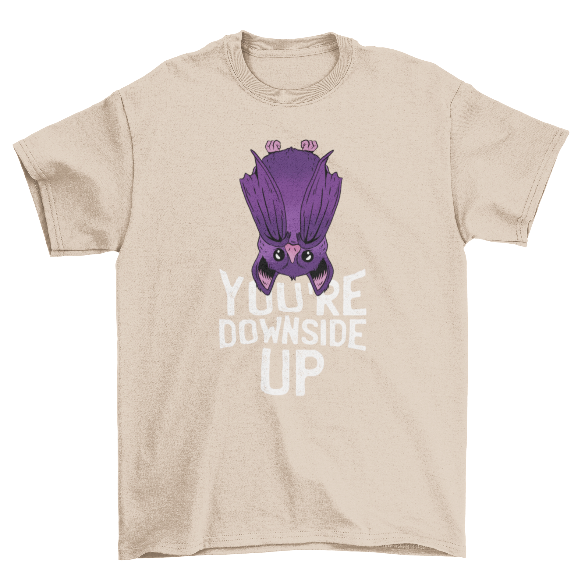 A cute purple bat hanging upside down with wings in front, featuring the quote 'You're Downside Up' below.