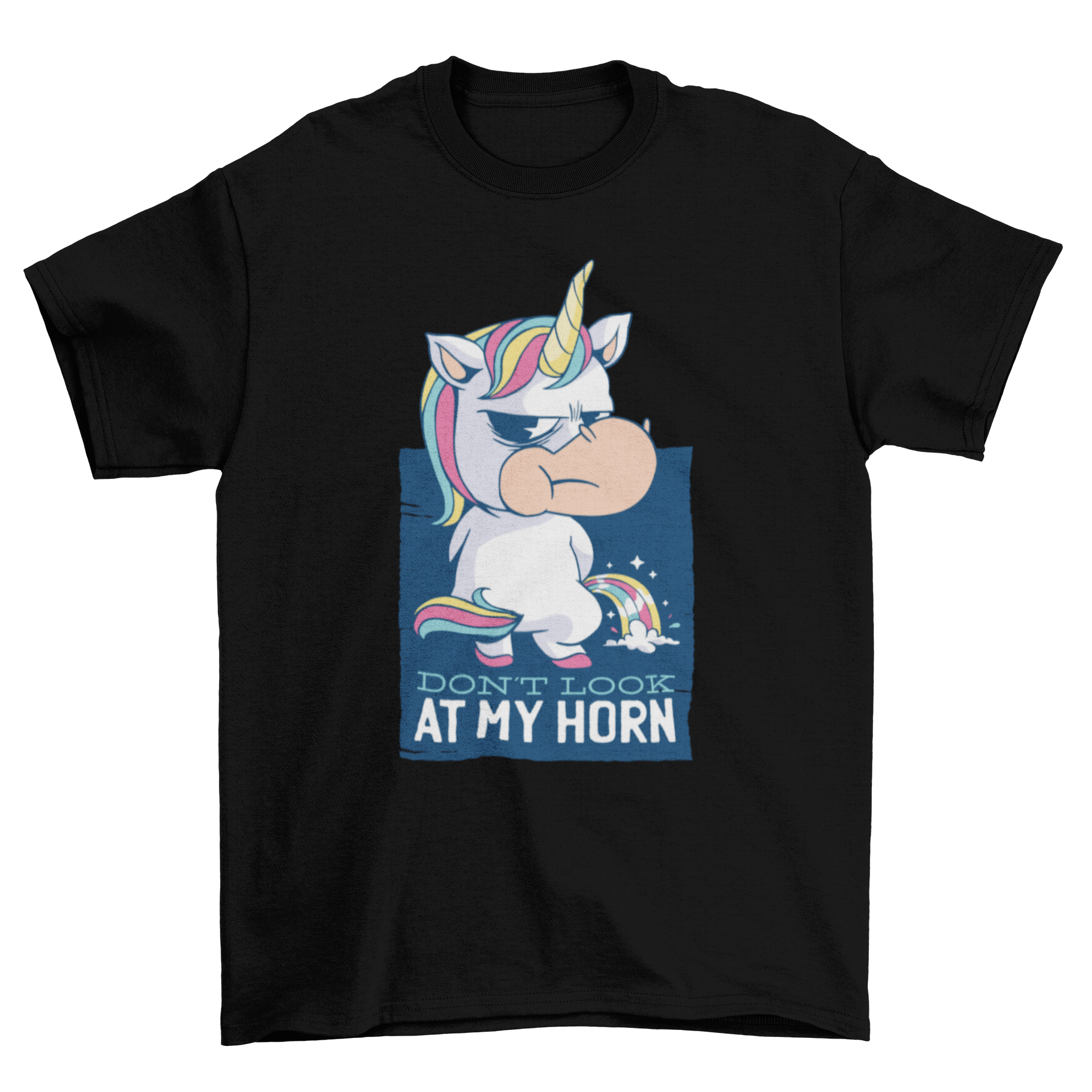 A colorful t-shirt featuring a cute unicorn and the quote 'DON'T LOOK AT MY HORN' in playful typography.