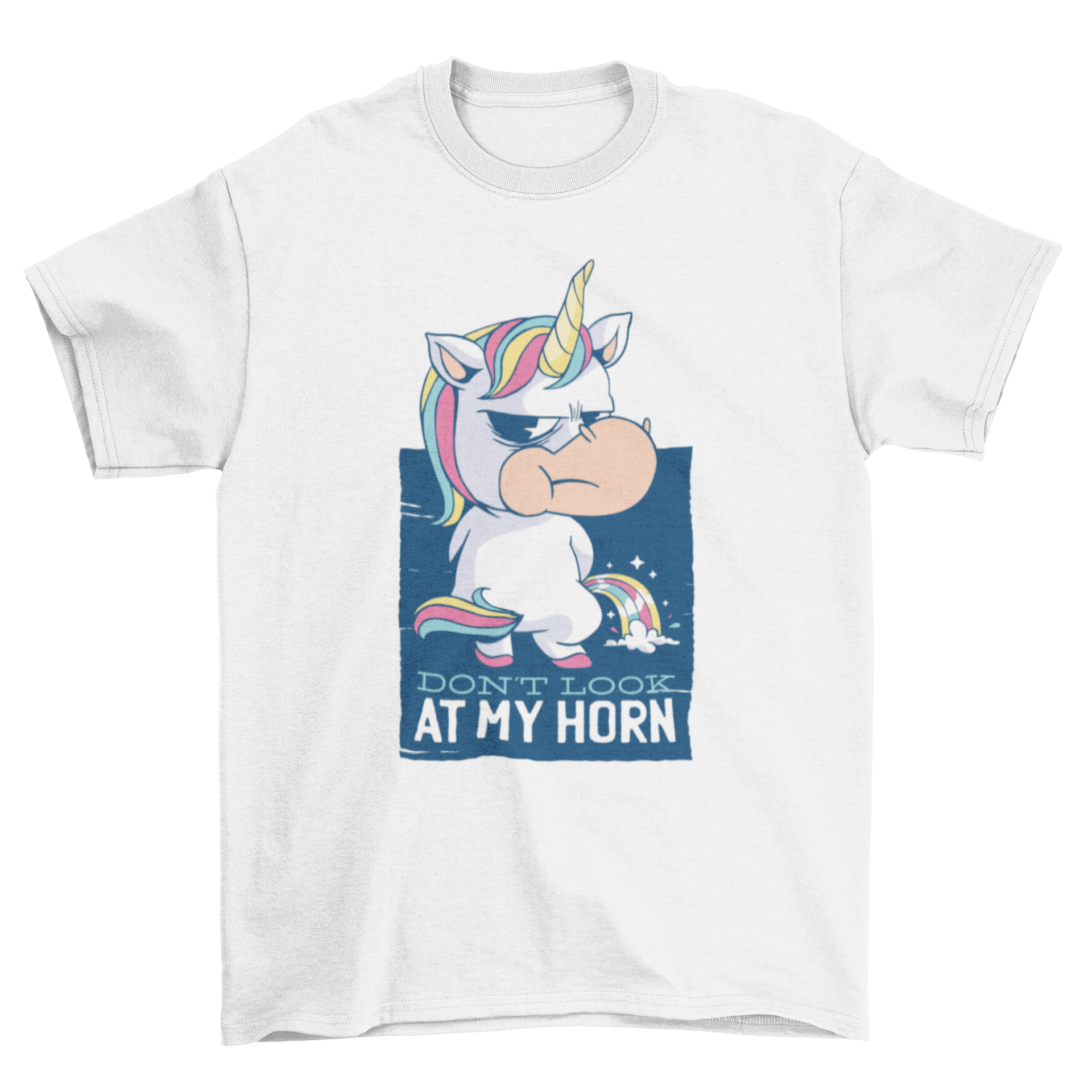 A colorful t-shirt featuring a cute unicorn and the quote 'DON'T LOOK AT MY HORN' in playful typography.