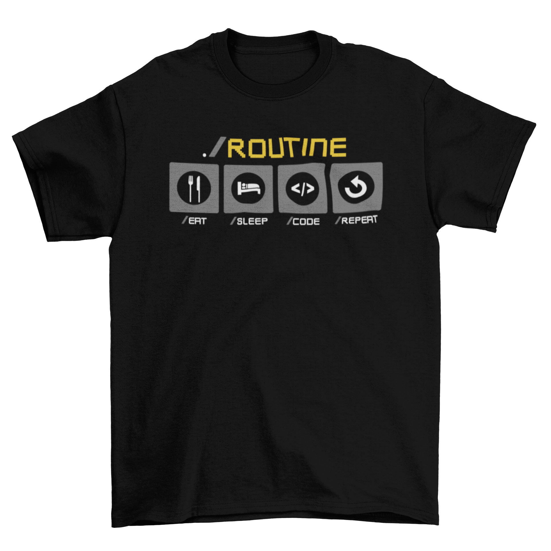 A humorous t-shirt design featuring a developer's daily routine, showcasing coding elements and playful graphics.