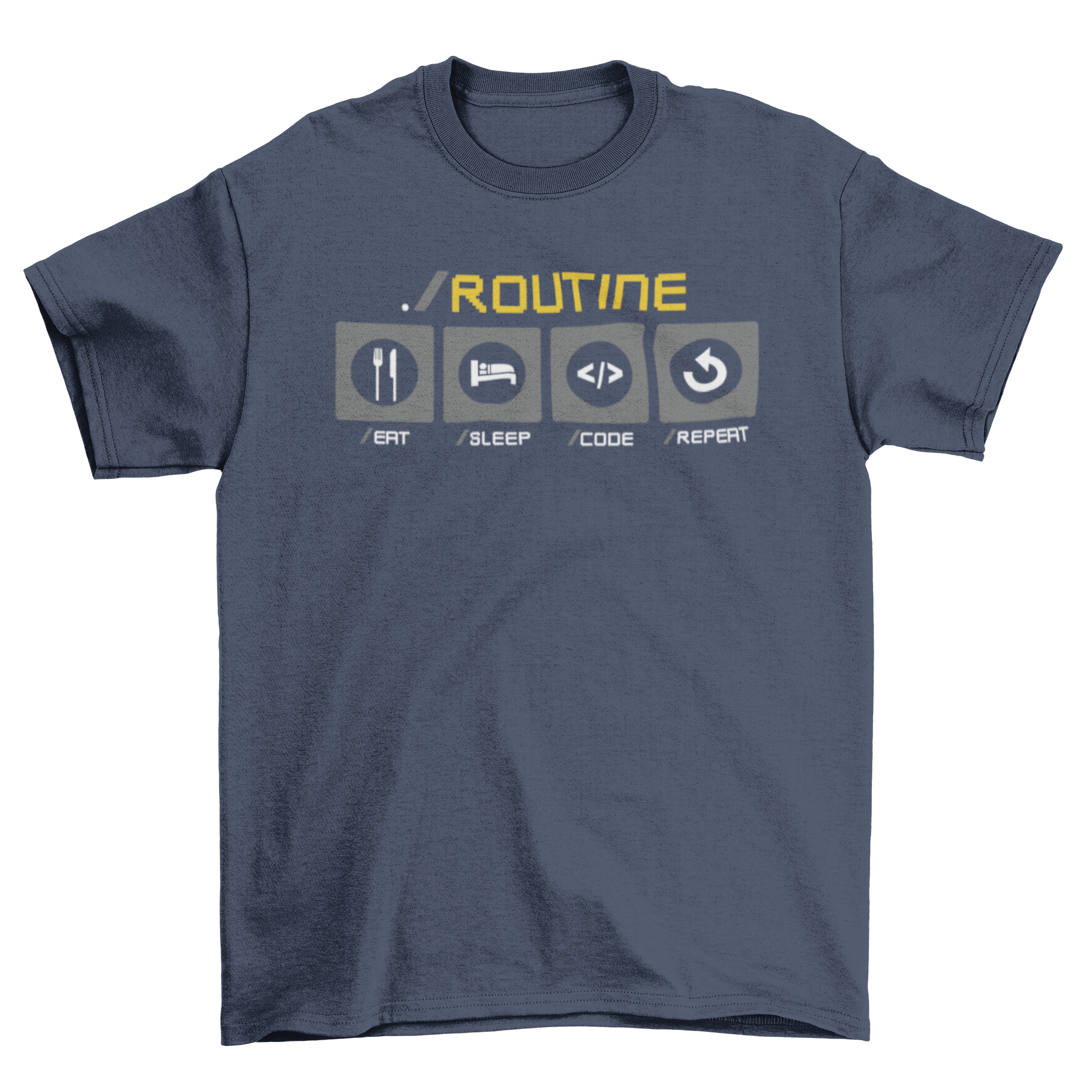 A humorous t-shirt design featuring a developer's daily routine, showcasing coding elements and playful graphics.