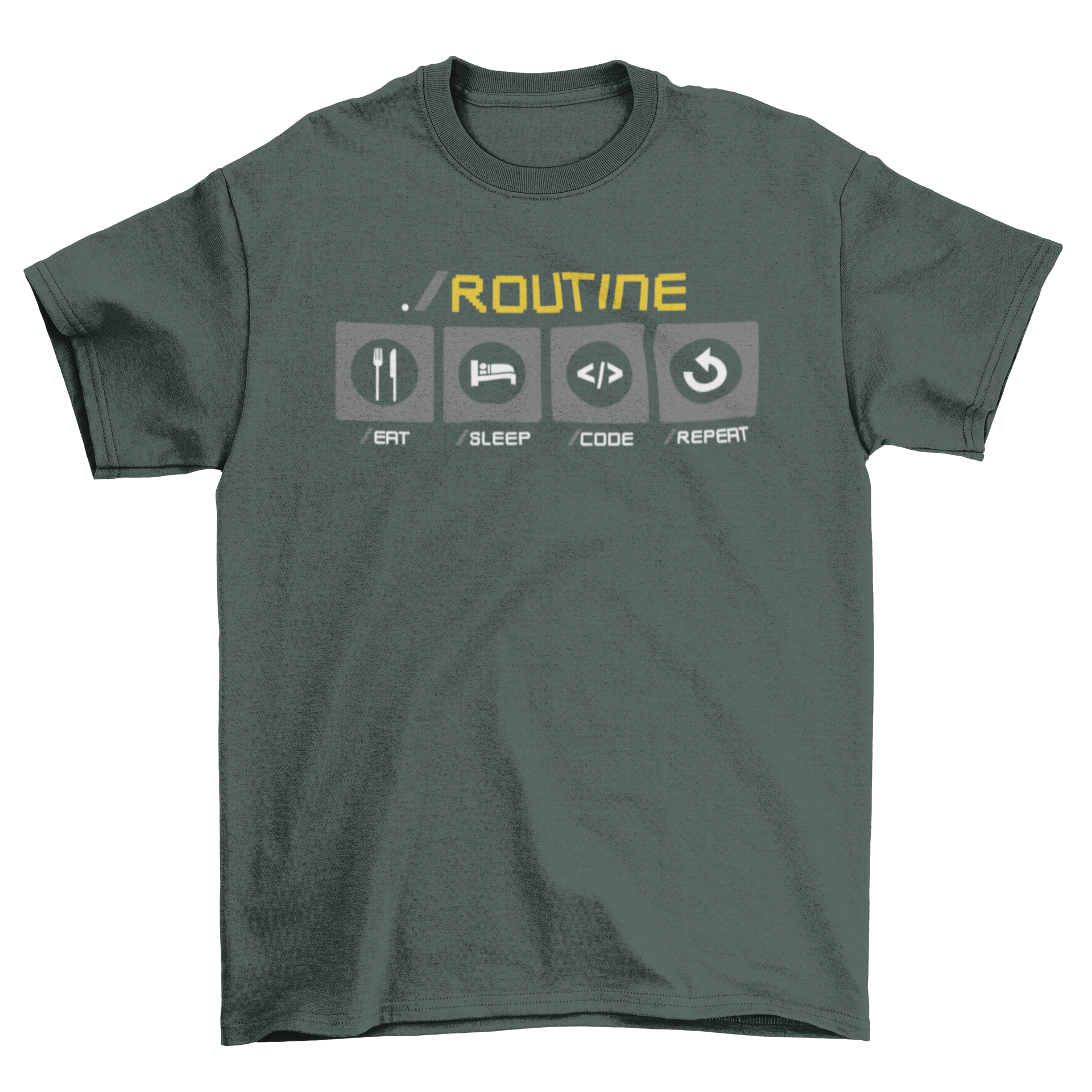 A humorous t-shirt design featuring a developer's daily routine, showcasing coding elements and playful graphics.