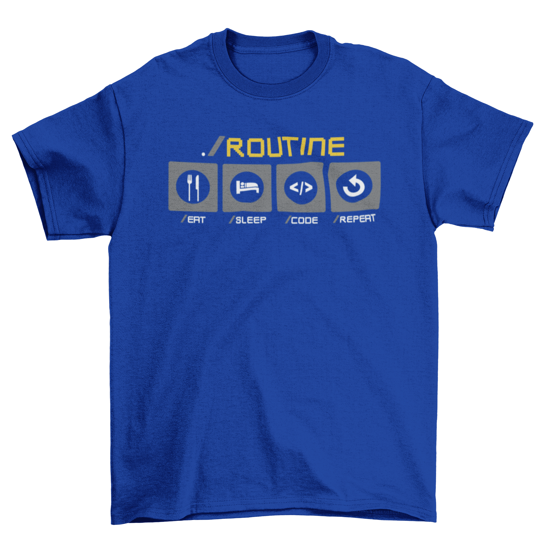 A humorous t-shirt design featuring a developer's daily routine, showcasing coding elements and playful graphics.