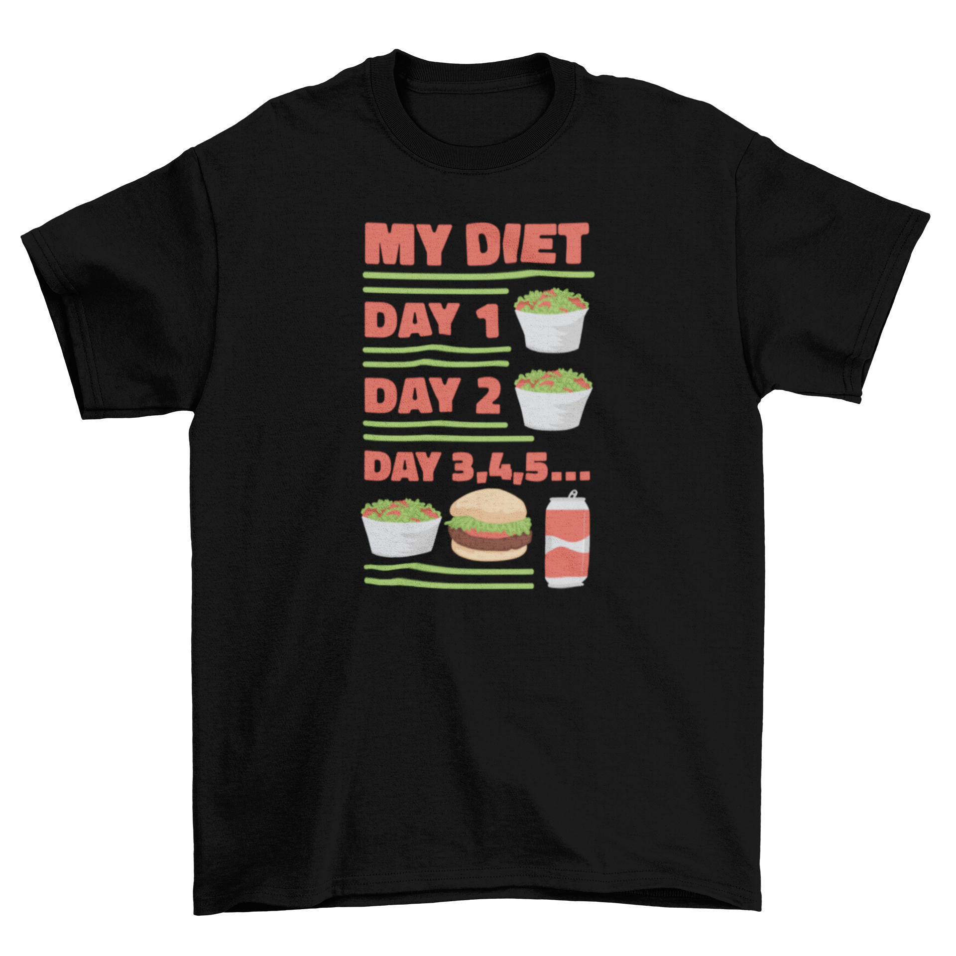 A humorous t-shirt featuring a diet routine design with illustrations of healthy and fast food.