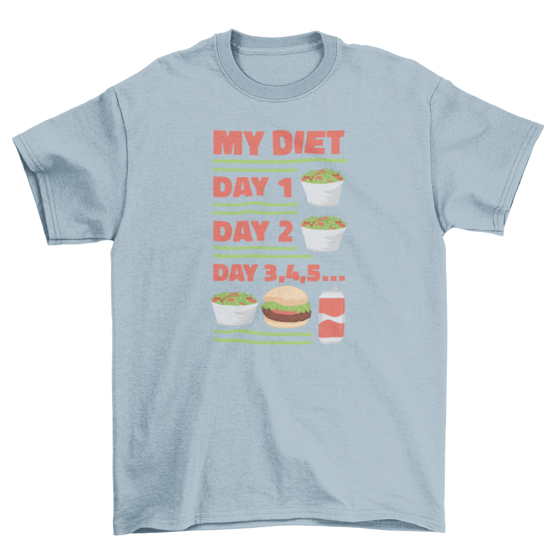 A humorous t-shirt featuring a diet routine design with illustrations of healthy and fast food.