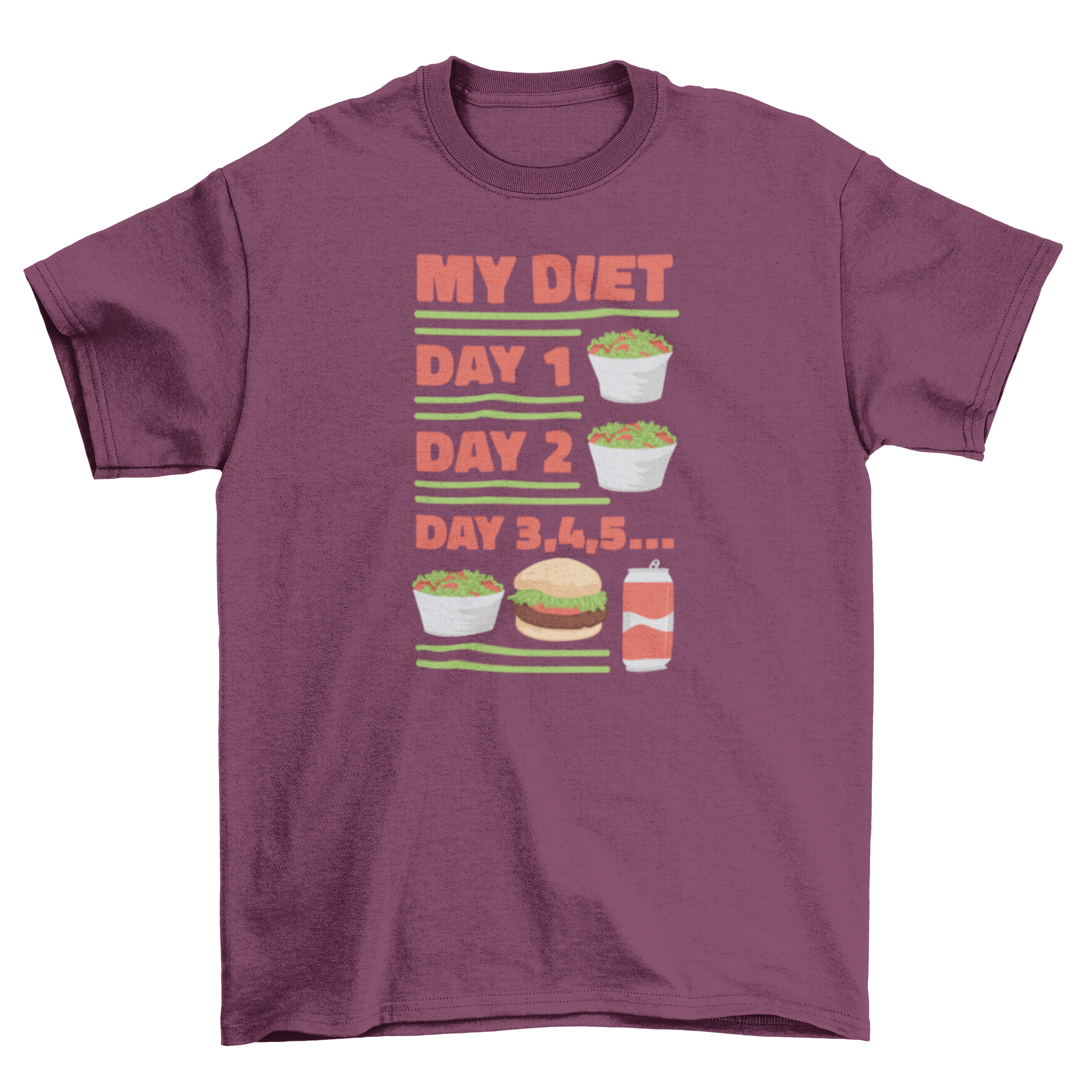 A humorous t-shirt featuring a diet routine design with illustrations of healthy and fast food.