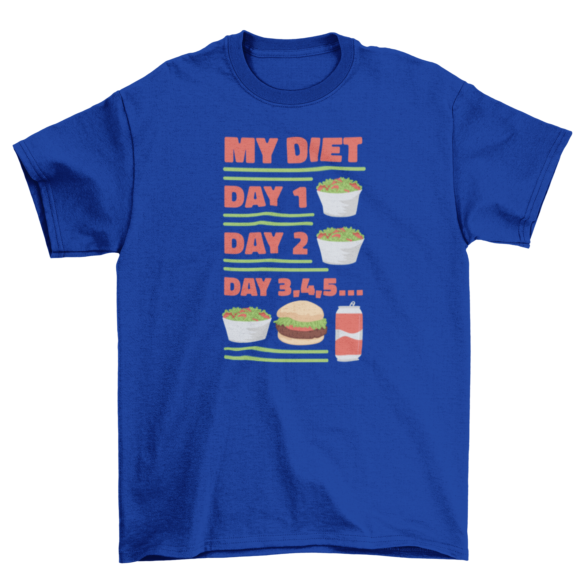 A humorous t-shirt featuring a diet routine design with illustrations of healthy and fast food.