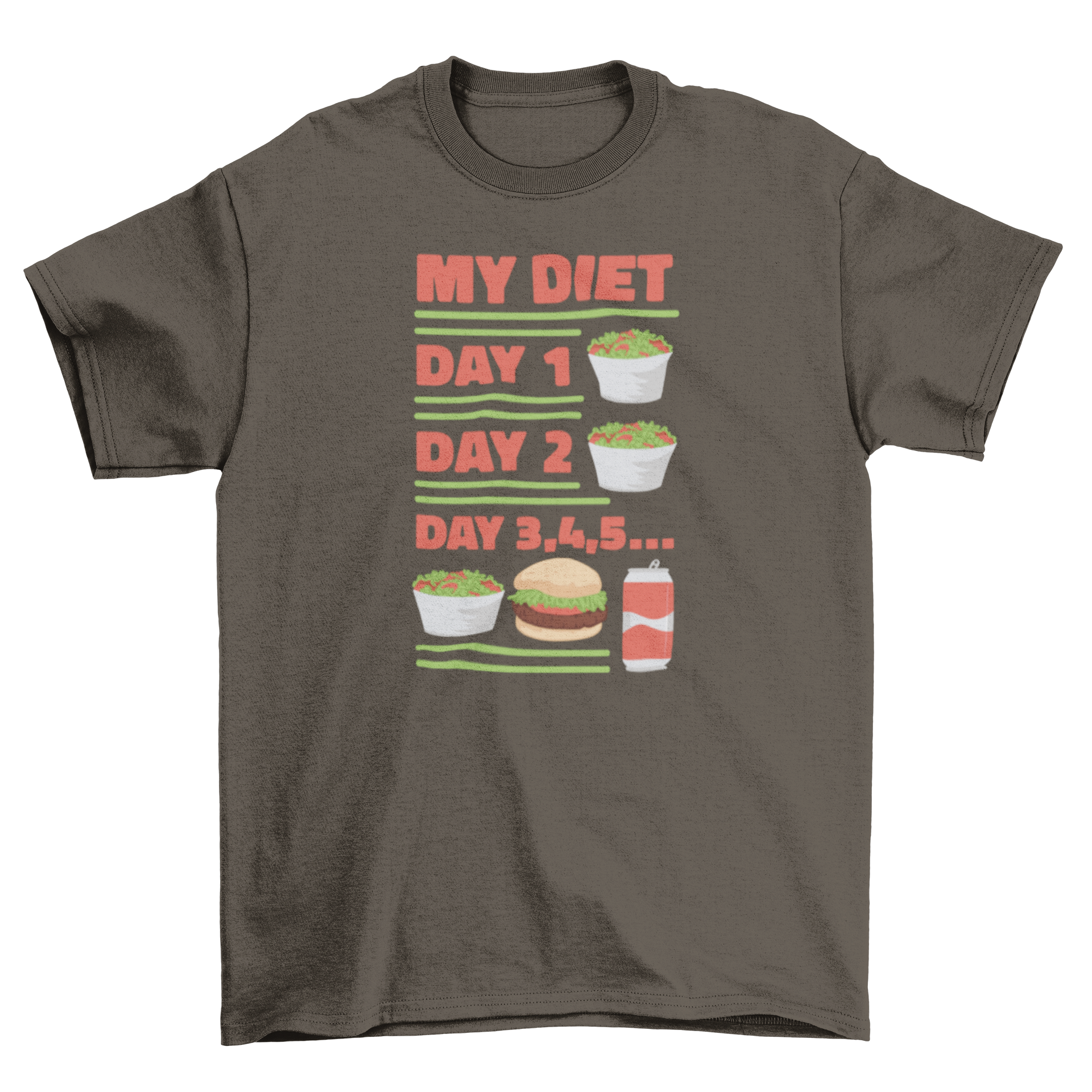 A humorous t-shirt featuring a diet routine design with illustrations of healthy and fast food.