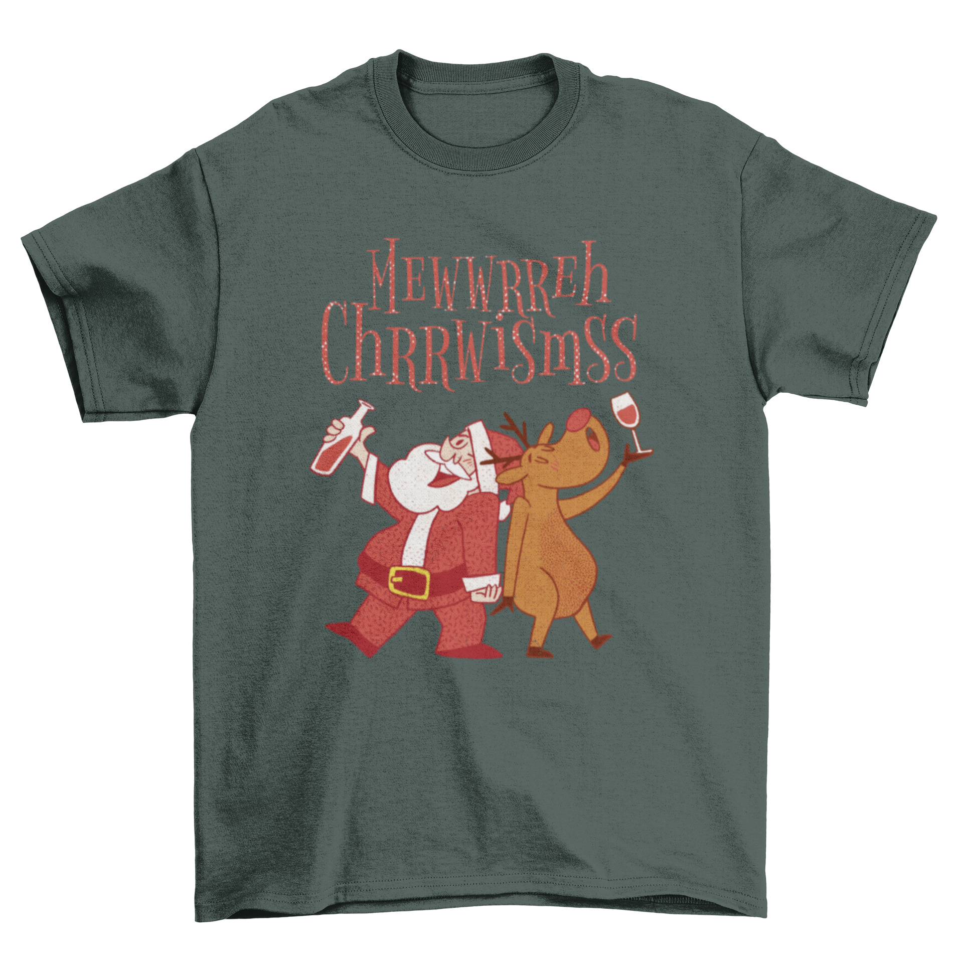 Funny t-shirt featuring a drunk Santa Claus and reindeer with a 'Merry Christmas' quote, perfect for holiday celebrations.