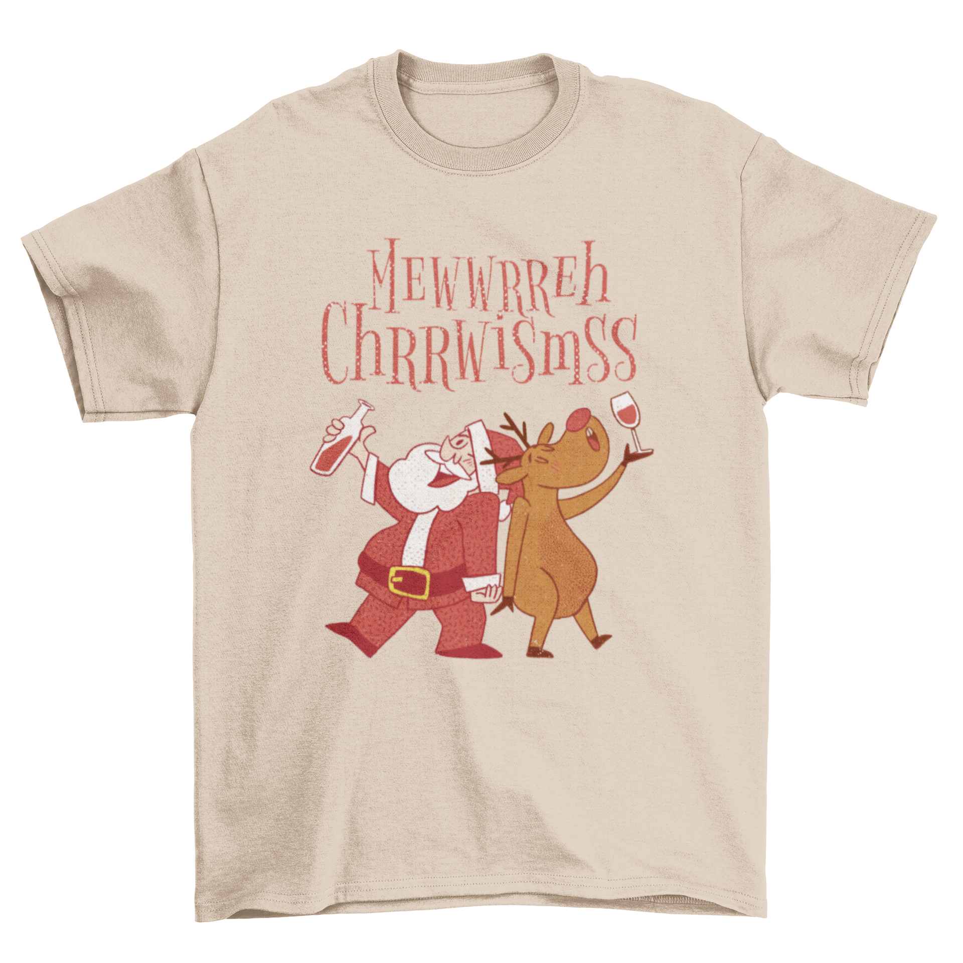 Funny t-shirt featuring a drunk Santa Claus and reindeer with a 'Merry Christmas' quote, perfect for holiday celebrations.