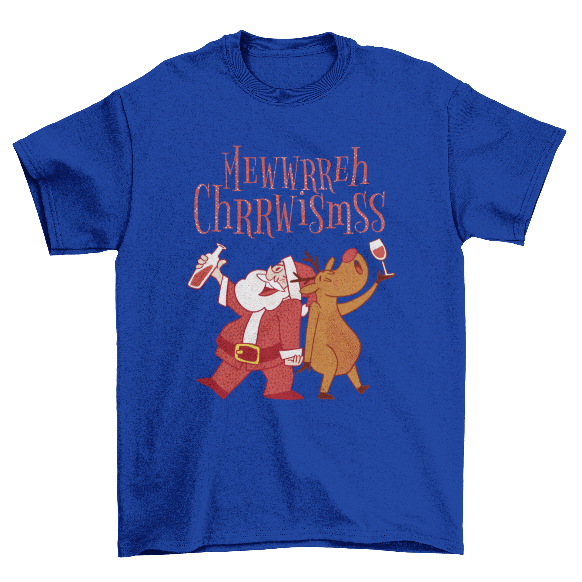 Funny t-shirt featuring a drunk Santa Claus and reindeer with a 'Merry Christmas' quote, perfect for holiday celebrations.