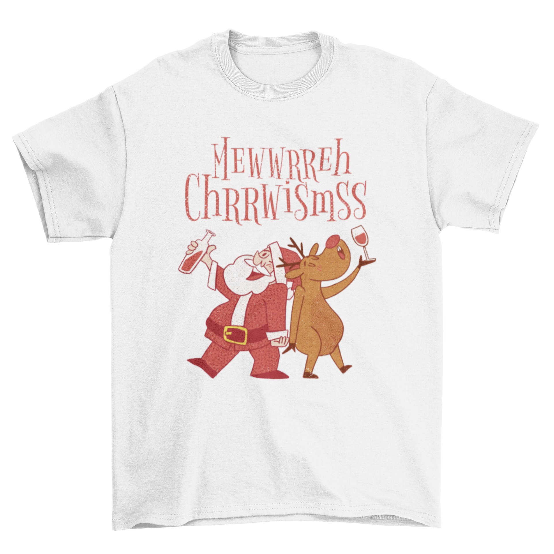 Funny t-shirt featuring a drunk Santa Claus and reindeer with a 'Merry Christmas' quote, perfect for holiday celebrations.