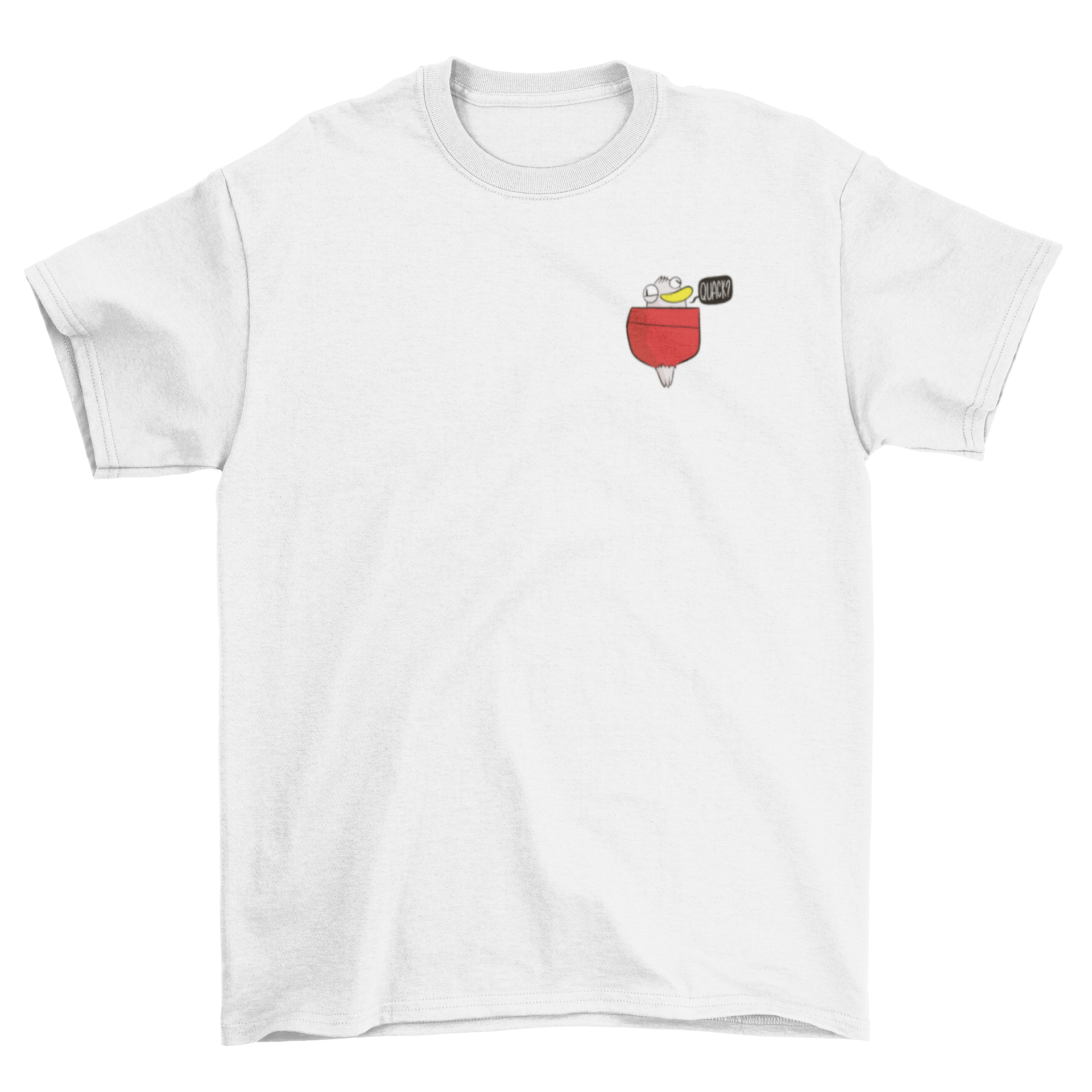 A humorous t-shirt featuring a duck saying 'Quack' inside a pocket, showcasing a fun and playful design.