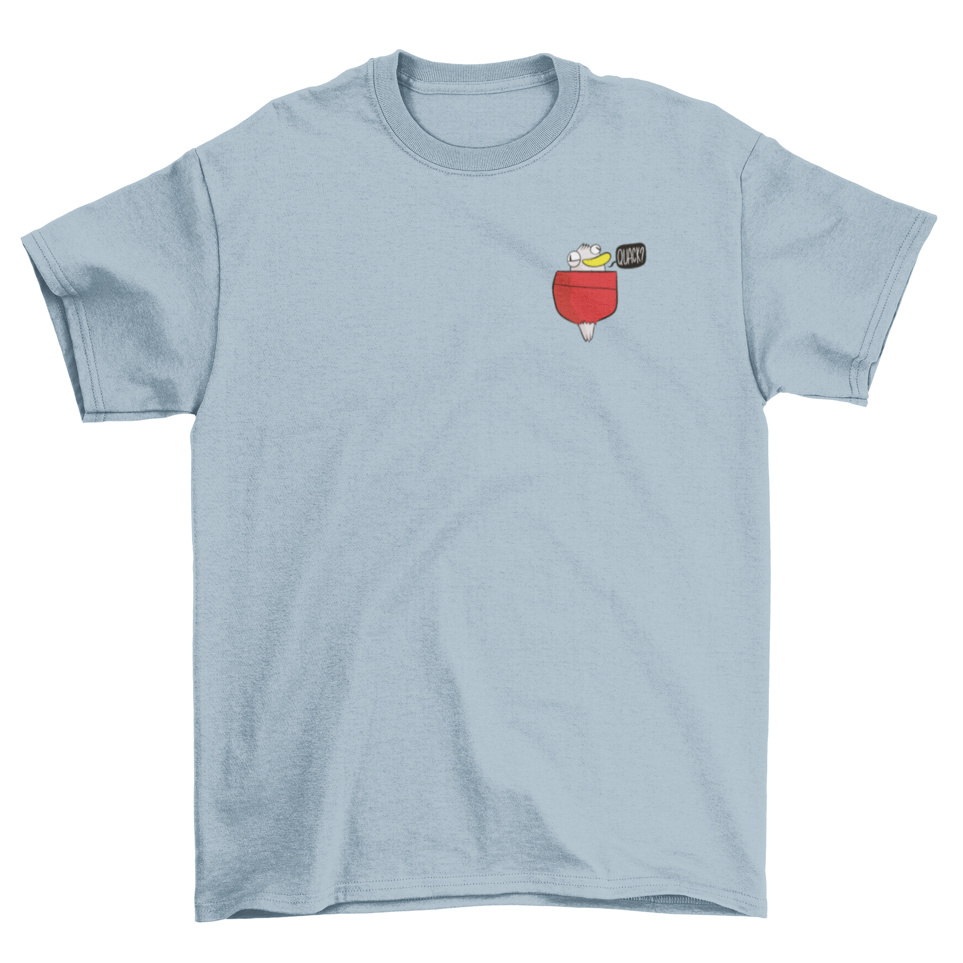 A humorous t-shirt featuring a duck saying 'Quack' inside a pocket, showcasing a fun and playful design.